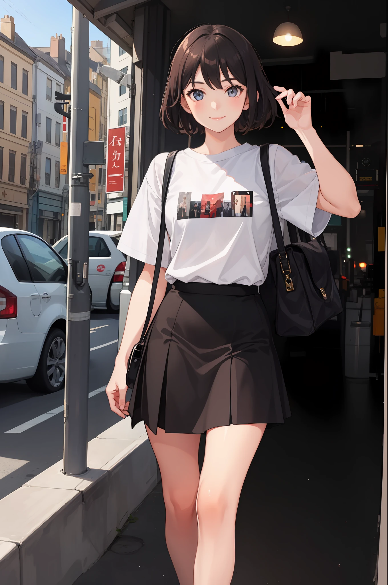 1 girl, smile, shirt, skirt, (small) chiralism,