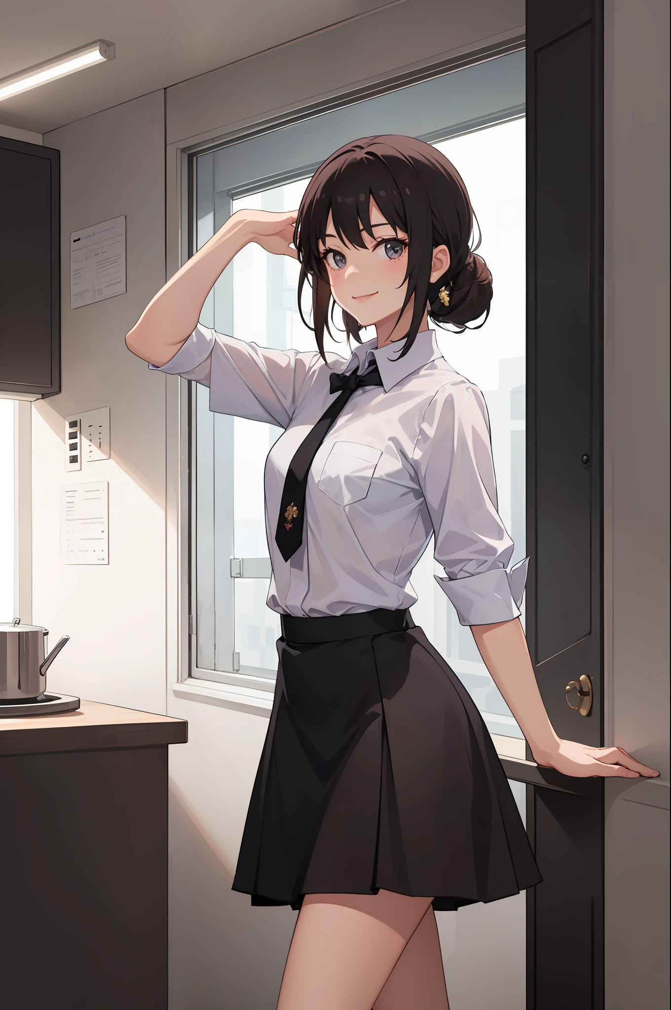 1 girl, smile, shirt, skirt, (small) chiralism,