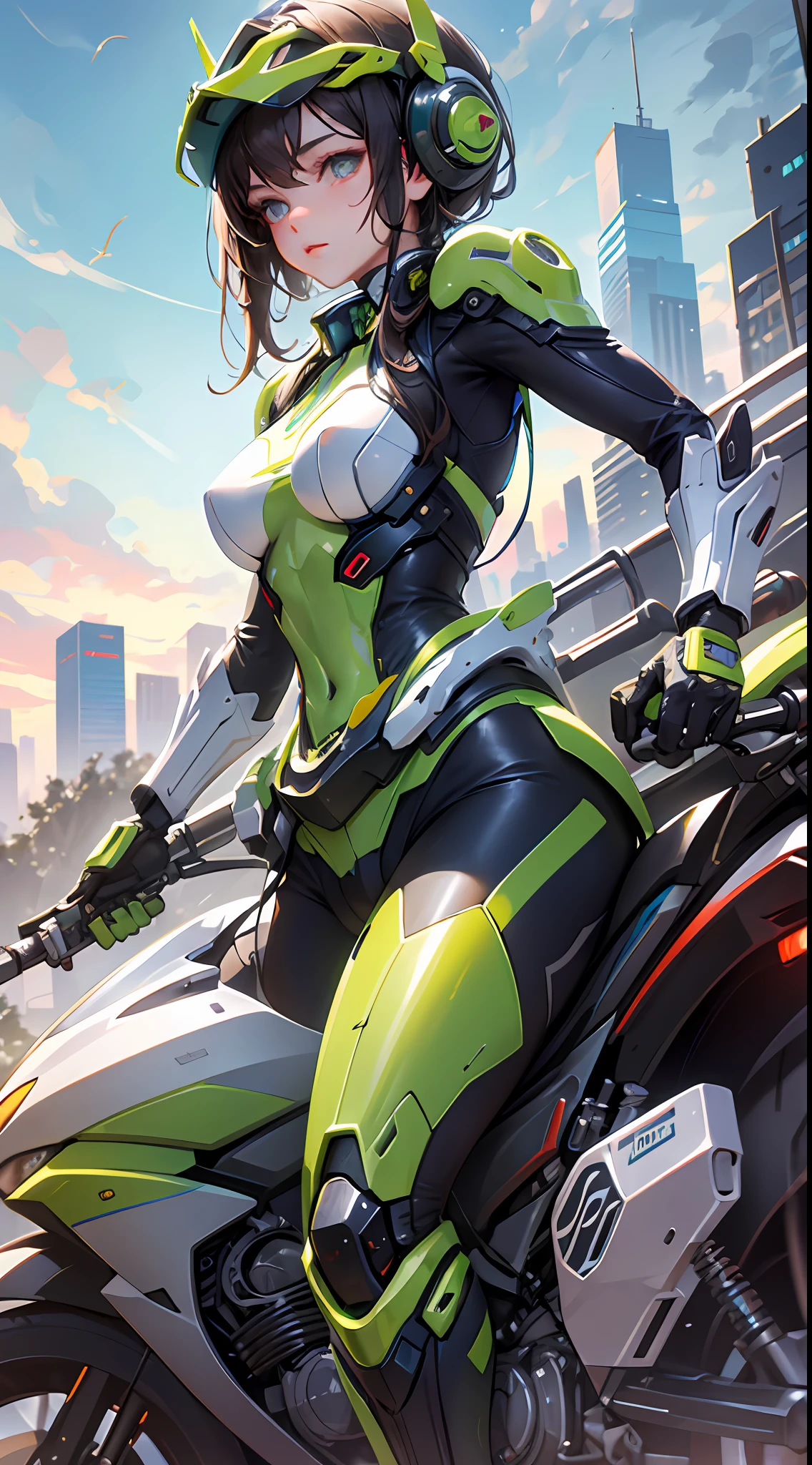 Highest image quality, outstanding details, ultra-high resolution, (realism: 1.4), the best illustration, favor details, highly condensed 1girl, with a delicate and beautiful face, dressed in a black and green mecha, wearing a mecha helmet, holding a directional controller, riding on a motorcycle, the background is a high-tech lighting scene of the future city.