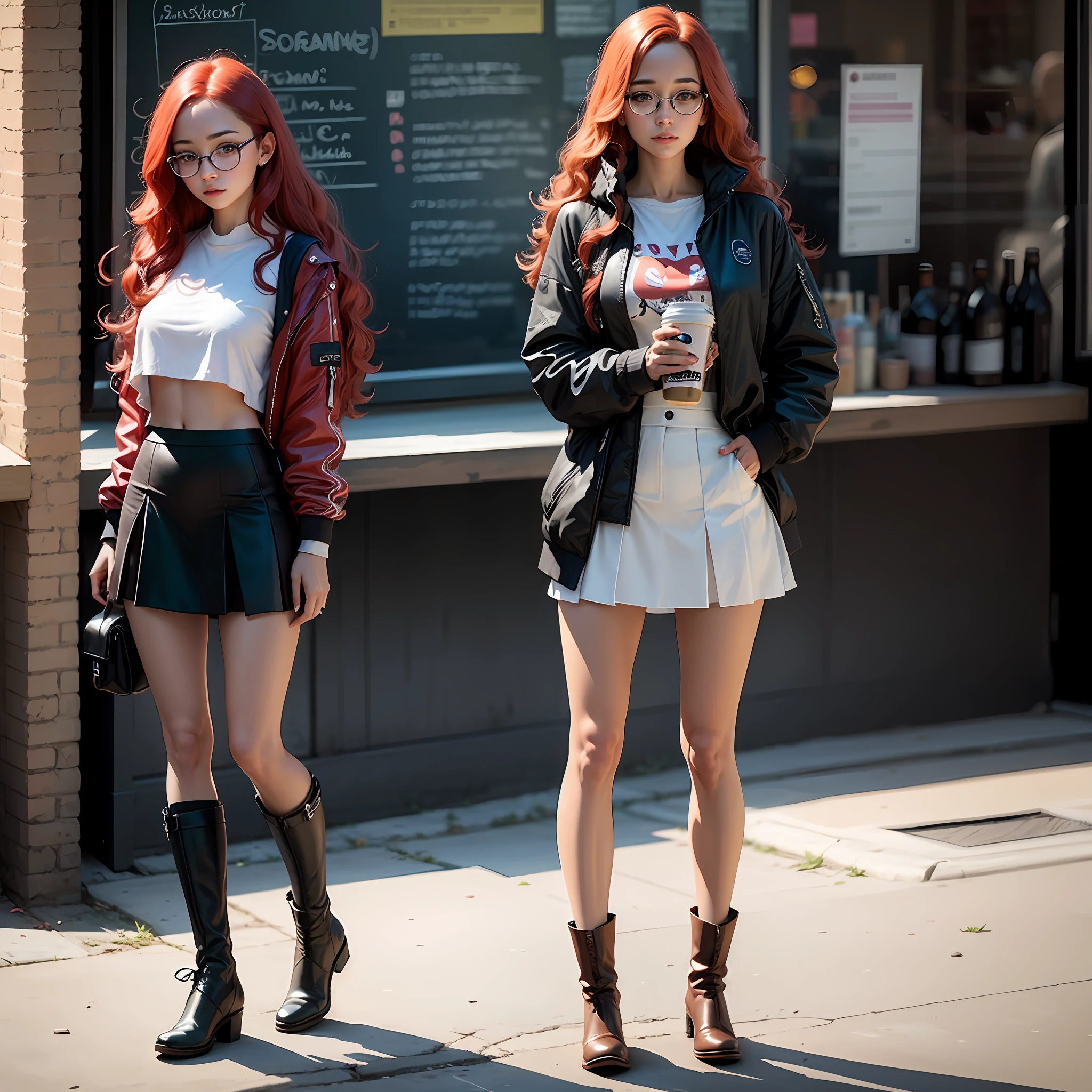Real girl, hyperrealistic, long red hair, wavy hair, mini-skirt, full body, small cropped, black boot, round glasses --auto