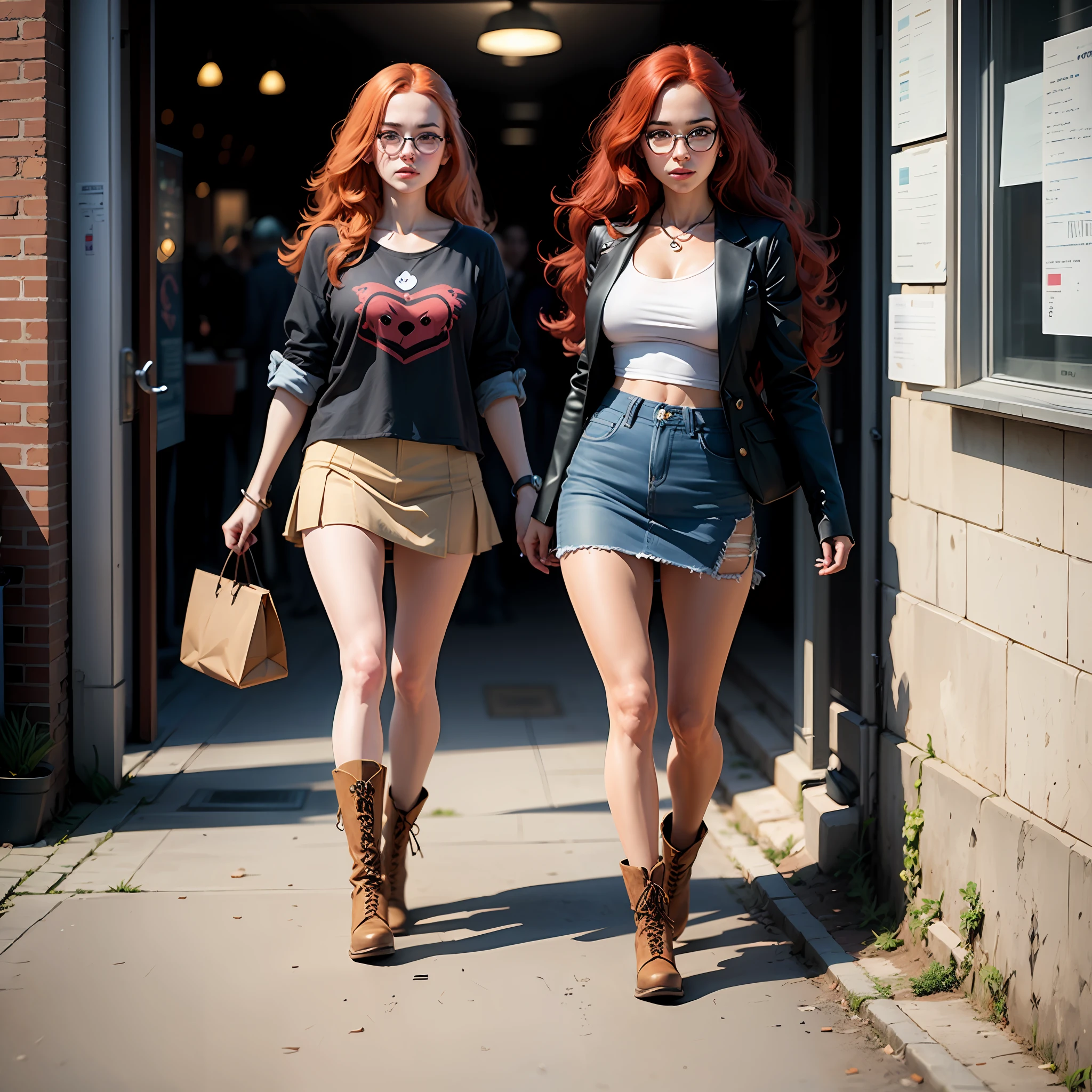 Real girl, hyperrealistic, long red hair, wavy hair, mini-skirt, full body, small cropped, black boot, round glasses --auto