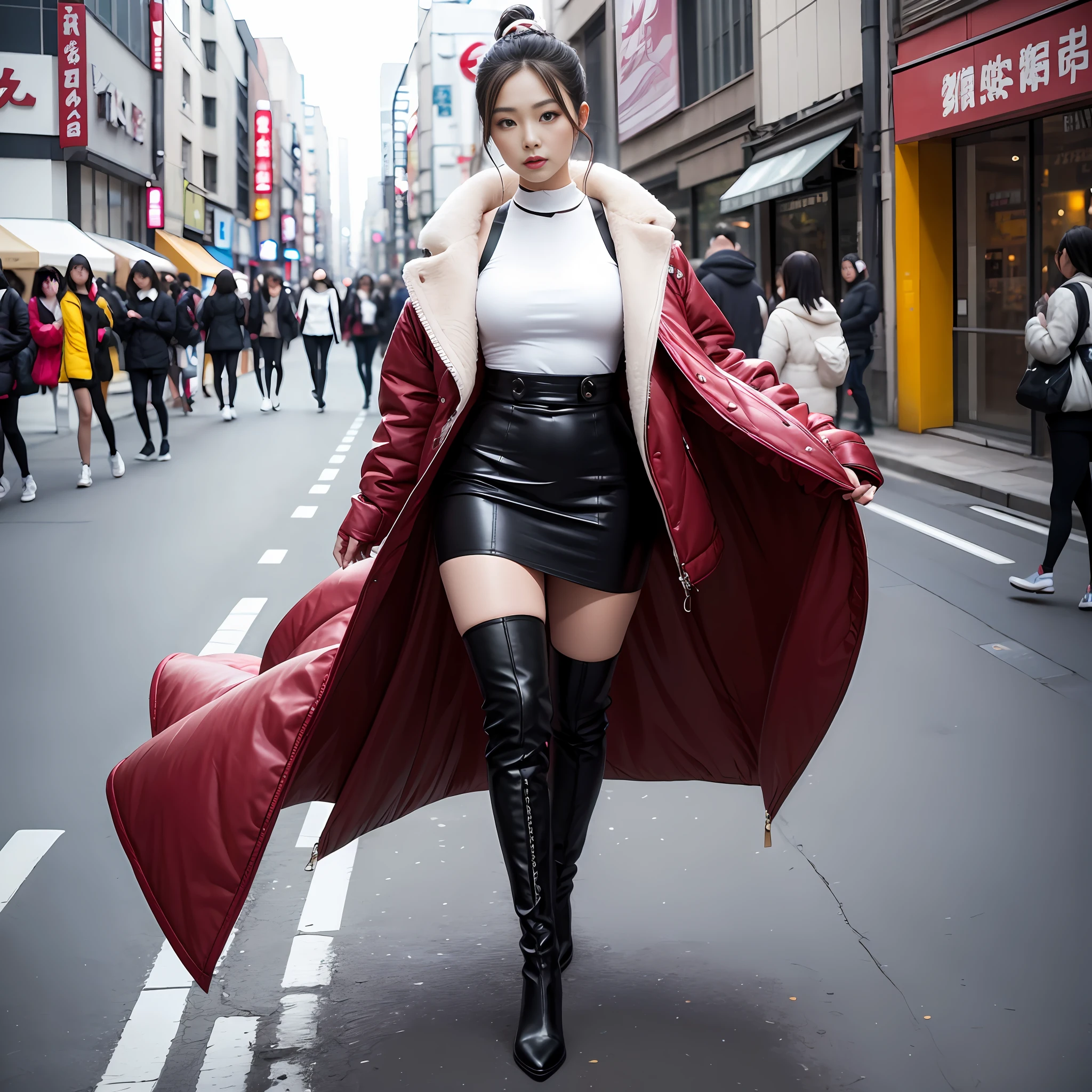 A woman in a white top and black boots standing on the street, Chinese female fashion model, white fluffy clothes, short skirt and long jacket, Japanese city street fashion, black pink Rosan Park, she wears streetwear, Japanese street fashion, Tokyo fashion, street dress woman in jacket and skirt, street fashion, Harajuku street fashion, beautiful woman walking in the wind, black gloves, over-the-knee red boots, tall, long legs, perfect body proportions, thin waist, black suspender stockings, tall, Slender body, nine-headed body, big eyes, beautiful and exquisite face, perfect body details, perfect body proportions, perfect visual proportions, fashion shooting, glamorous, feminine, delicate, highlighting female curves, subtext: sexy, confident. Chinese woman --auto --s2