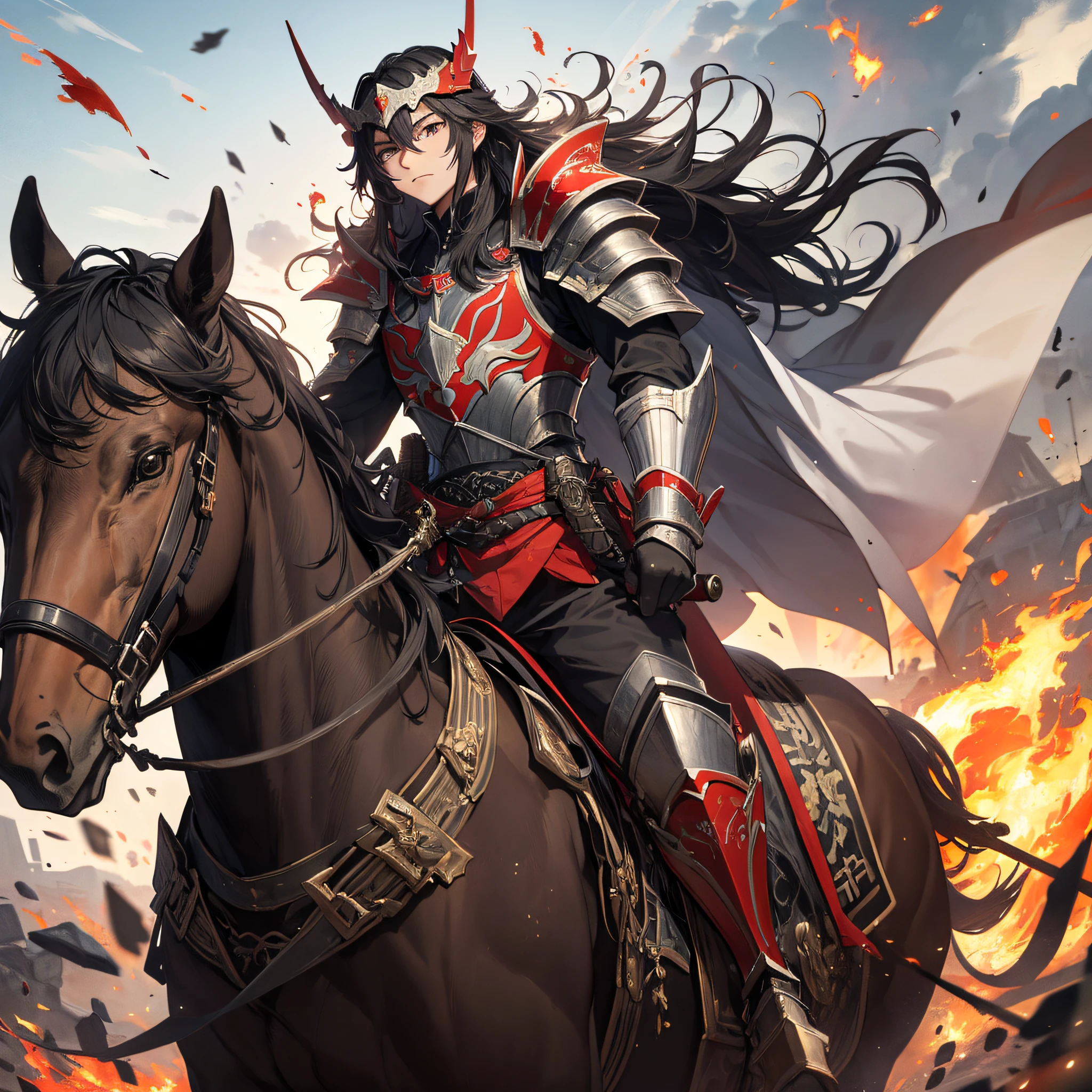 Absurd resolution, high resolution, (masterpiece: 1.4), hyper-detail, ancient China, steppe, black long-haired young man (1.3), horseback riding (1.3), armored samurai in red armor, charge, wielding sword, army, battlefield, blood, battle, fire