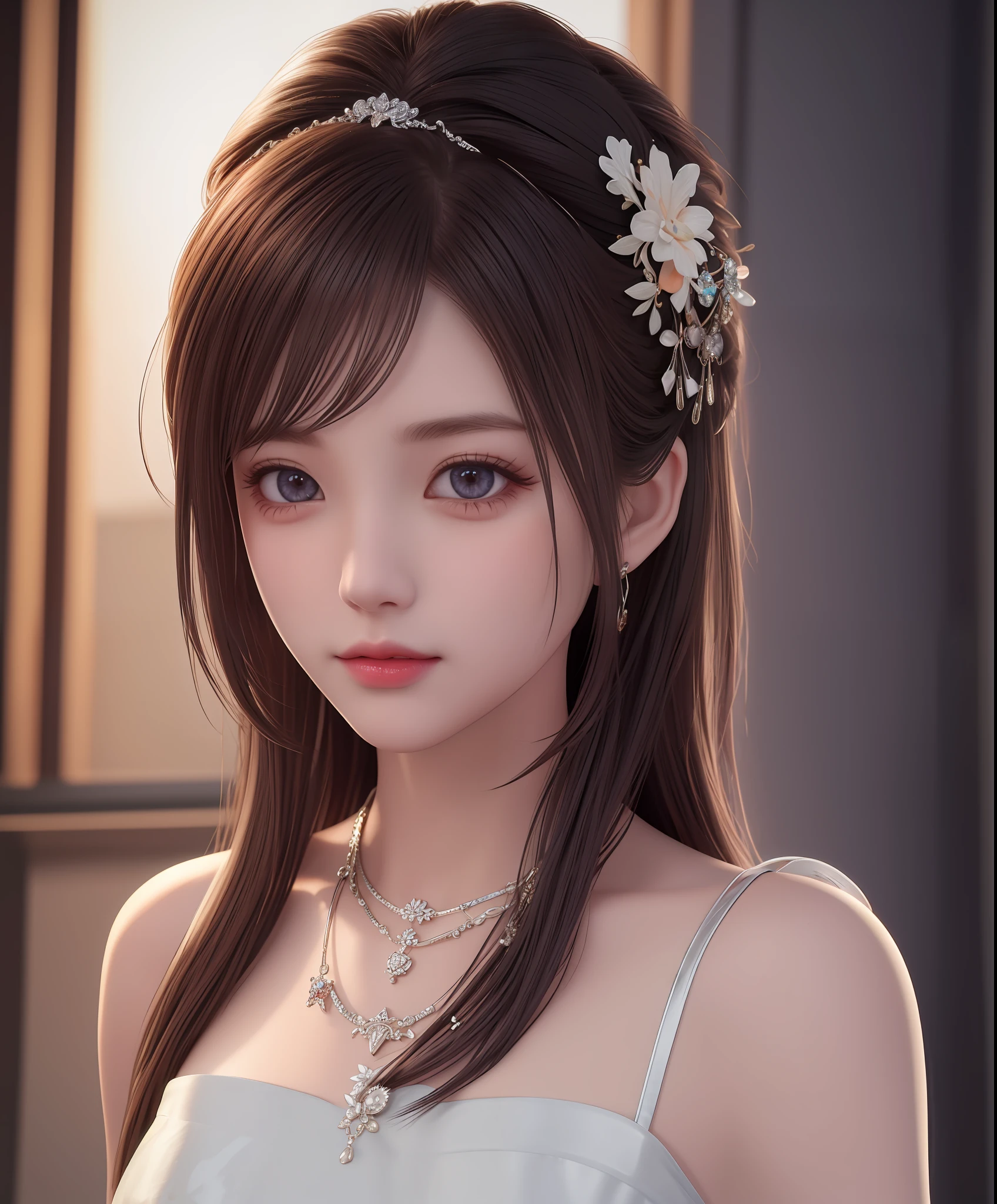 Best quality, masterpiece, high resolution, 1girl, porcelain dress, hair accessories, necklace, jewelry, beautiful face, on the body, Tyndall effect, realistic, dark studio, edge lighting, two-tone lighting, (high detail skin: 1.2), 8k UHD, dslr, soft light, high quality, volumetric light, candid, photo, high resolution, 4k, 8k, background blur,