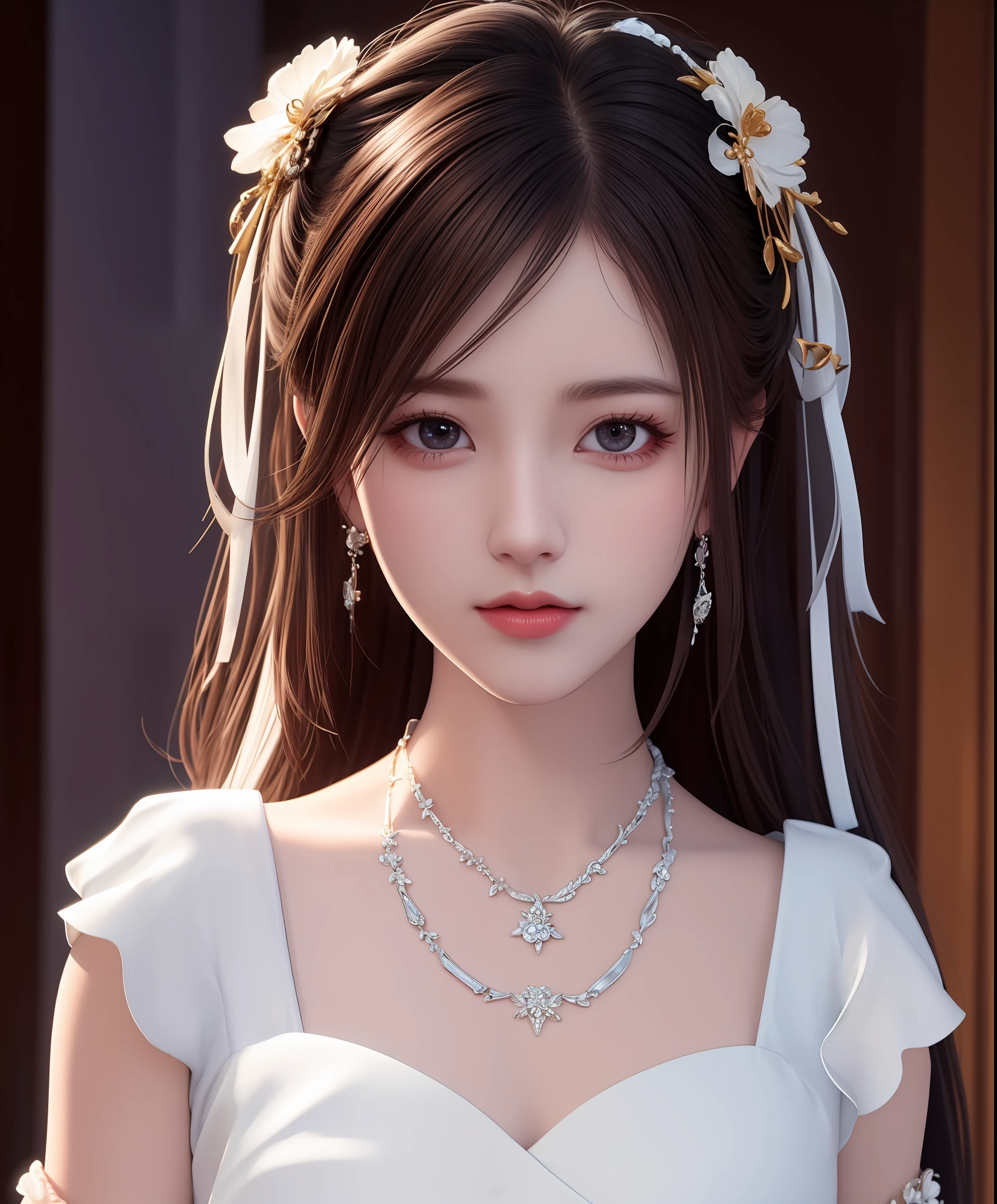 Best quality, masterpiece, high resolution, 1girl, porcelain dress, hair accessories, necklace, jewelry, beautiful face, on the body, Tyndall effect, realistic, dark studio, edge lighting, two-tone lighting, (high detail skin: 1.2), 8k UHD, dslr, soft light, high quality, volumetric light, candid, photo, high resolution, 4k, 8k, background blur,