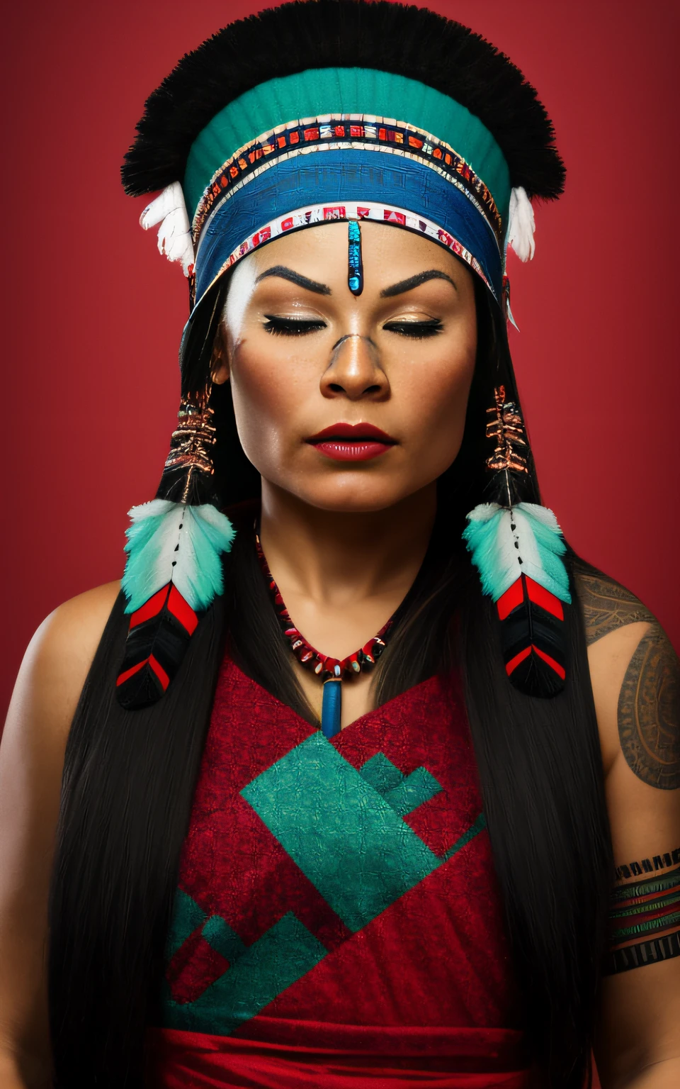 (full portrait), (half shot), solo, detailed background, detailed face, (stonepunkAI, stone theme:1.1), wise, (female), (indigena brasileira), (beautiful hair, braids:0.2), shaman, (septum piercing), mystic, (beautiful face, perfect qcd_face:0.3), stunning, (head tilted back:0.3), (eyes closed, serene expression), calm, meditating, Seafoam green worn clothes, prayer beads, tribal jewelry, feathers in the hair, headdress: 0.33, jade, obsidian, detailed clothing, neckline, realistic skin texture, (floating particles, water swirl, embers, ritual, whirlpool, wind: 1.2), sharp focus, volumetric lighting, good highlights, good shading, subsurface scattering, intricate, highly detailed, ((cinematic)), dramatic, (highest quality, award-winning, masterpiece:1.5), (photorealistic: 1.5), (intricate symmetrical warpaint:0.6),