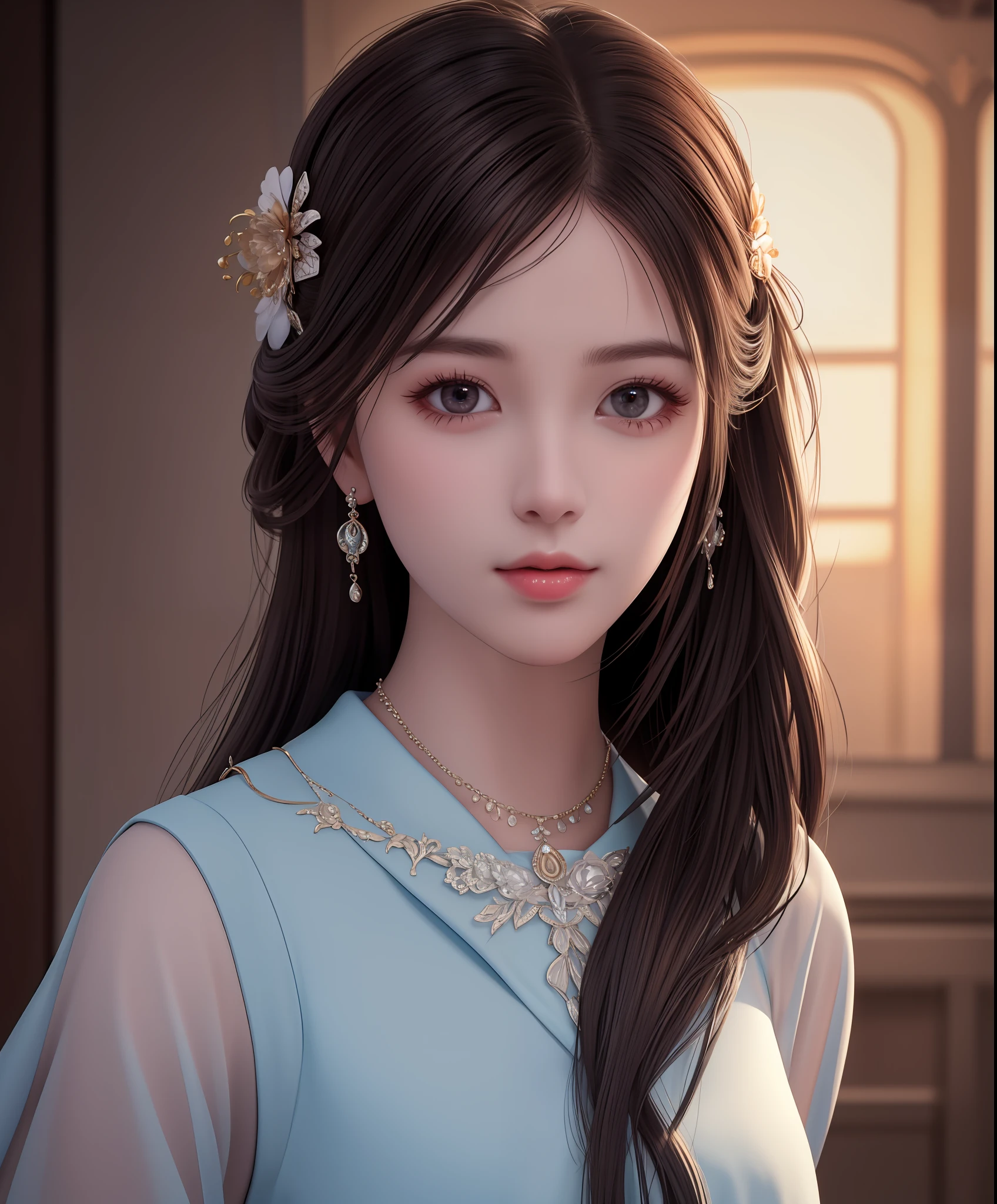 Best quality, masterpiece, high resolution, 1girl, porcelain dress, hair accessories, necklace, jewelry, beautiful face, on the body, Tyndall effect, realistic, dark studio, edge lighting, two-tone lighting, (high detail skin: 1.2), 8k UHD, dslr, soft light, high quality, volumetric light, candid, photo, high resolution, 4k, 8k, background blur,