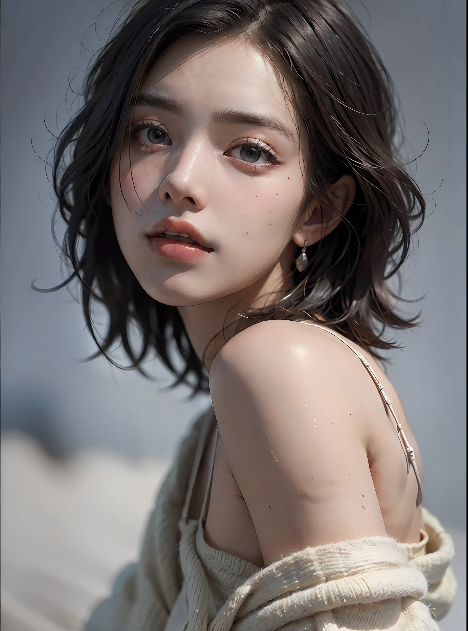 Best quality, masterpiece, ultra high res, (photorealistic:1.5), raw photo, 1girl, offshoulder, in the dark, deep shadow, low key, cold light, sexy look, short hair