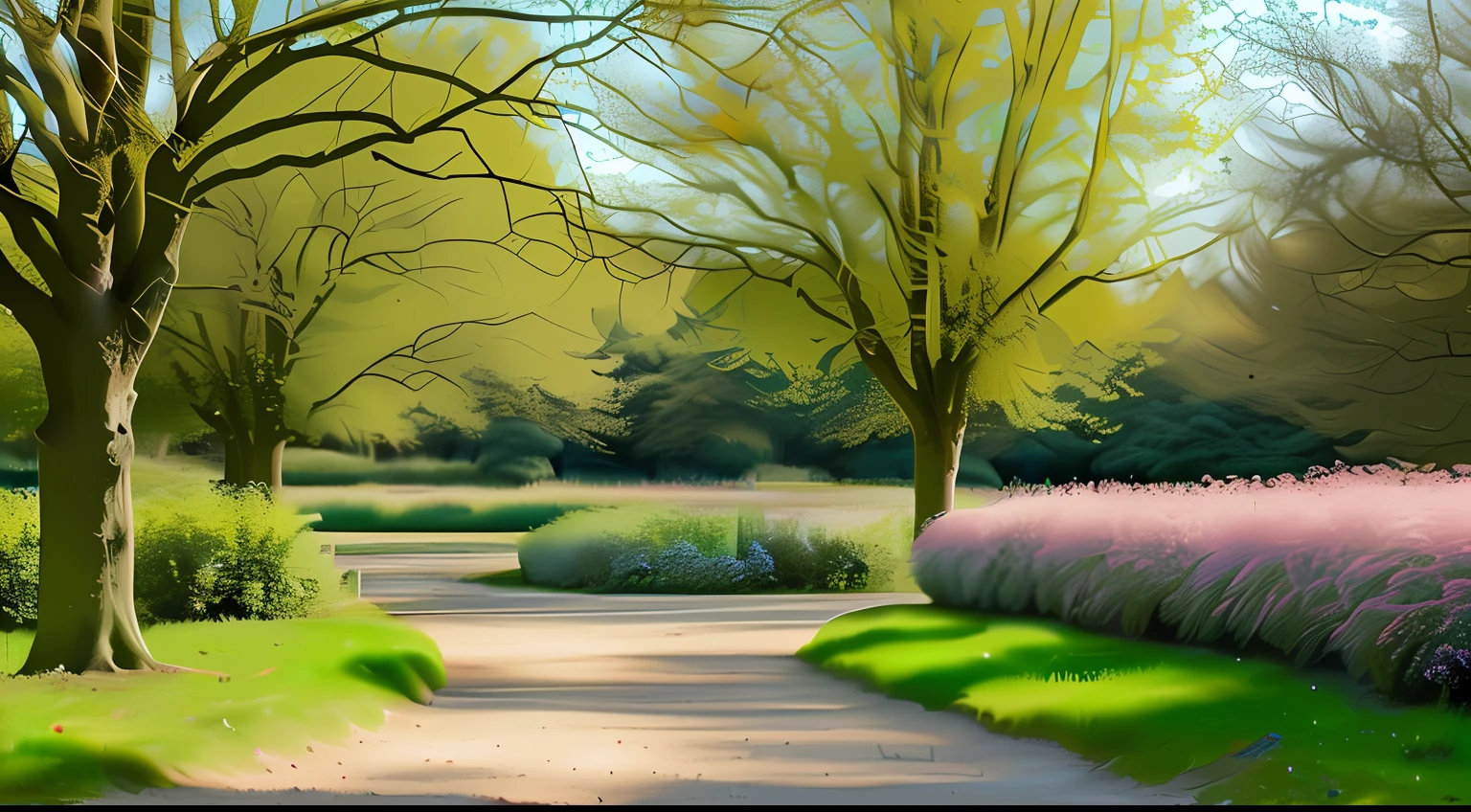 extremely detailed cartoon of between two apple trees, bird feeder, lawn path to country house flowers blue sky