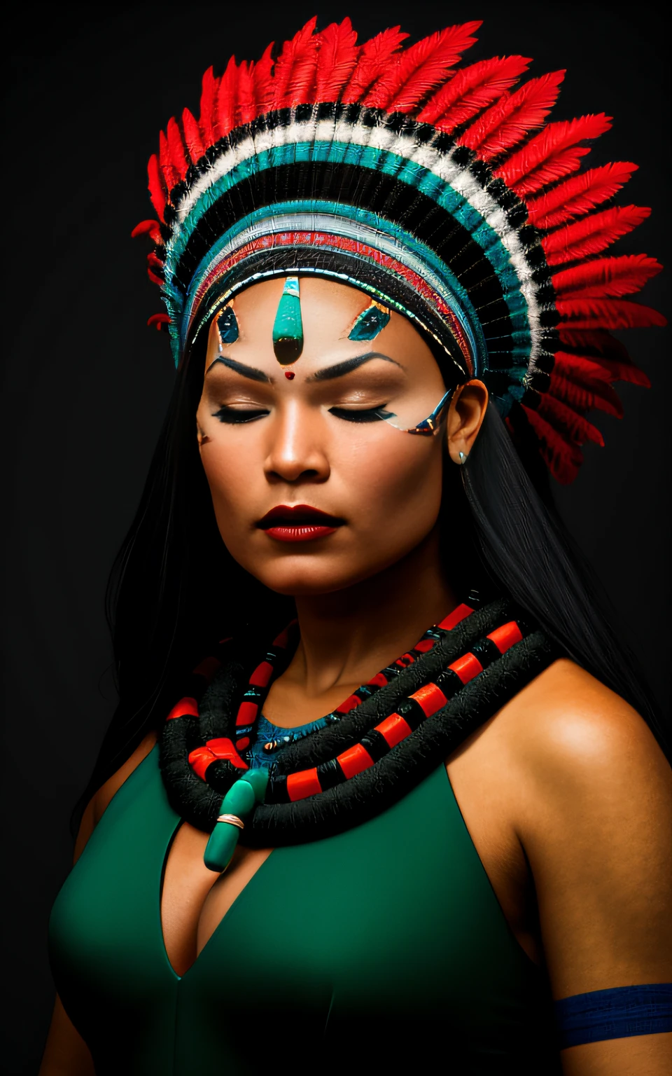 (full portrait), (half shot), solo, detailed background, detailed face, (stonepunkAI, stone theme:1.1), wise, (female), (indigena brasileira), (beautiful hair, braids:0.2), shaman, (septum piercing), mystic, (beautiful face, perfect qcd_face:0.3), stunning, (head tilted back:0.3), (eyes closed, serene expression), calm, meditating, Seafoam green worn clothes, prayer beads, tribal jewelry, feathers in the hair,  headdress: 0.33, jade, obsidian, detailed clothing, neckline, realistic skin texture, (floating particles, water swirl, embers, ritual, whirlpool, wind: 1.2), sharp focus, volumetric lighting, good highlights, good shading, subsurface scattering, intricate, highly detailed, ((cinematic)), dramatic, (highest quality, award-winning, masterpiece:1.5), (photorealistic: 1.5), (intricate symmetrical warpaint:0.6),