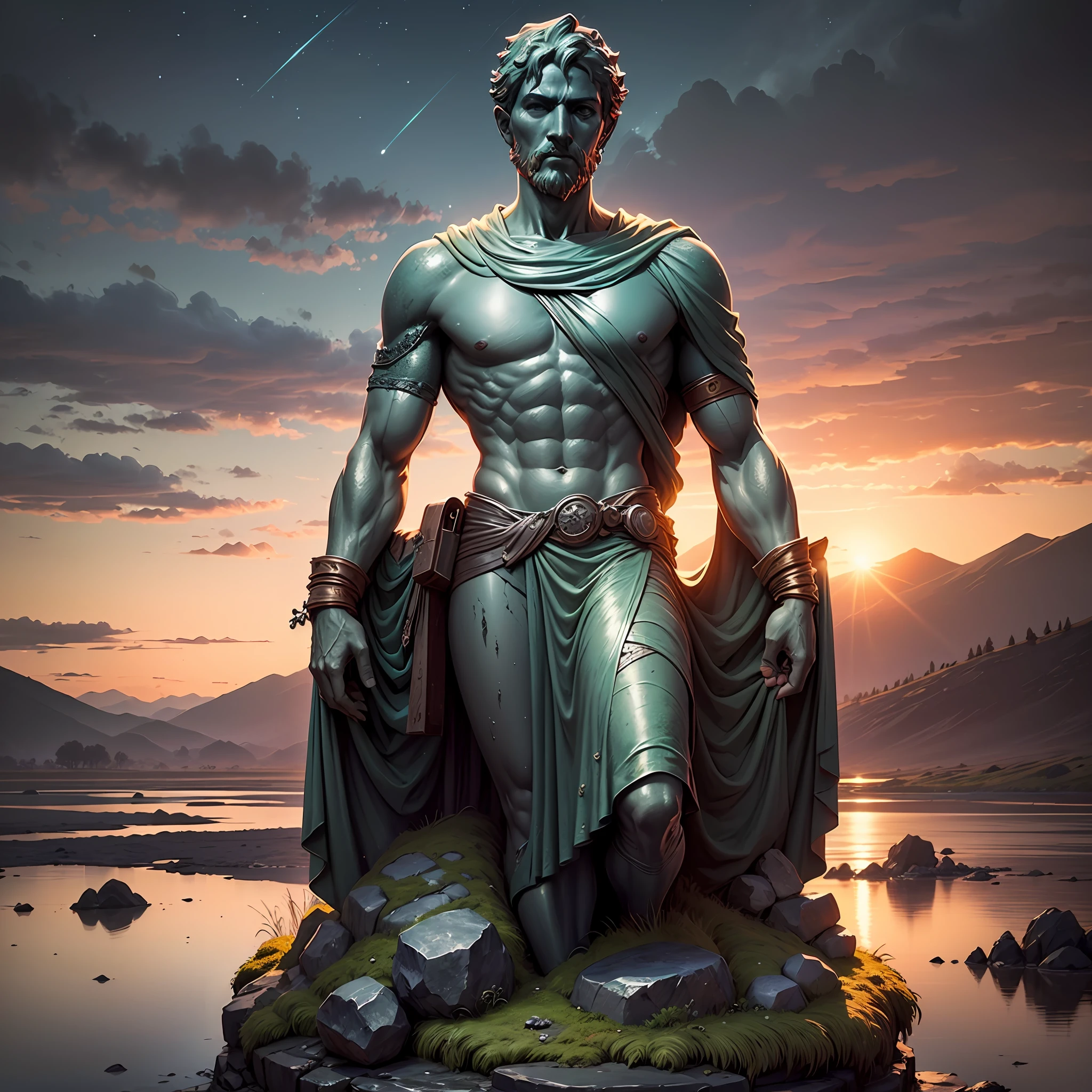 Realistic drawing, Computer rendered graphics, realistic fantasy, Extensive landscape ultra photography (general view showing an ivy-covered old shabby stone statue covered with moss, a male statue in the form of a military statue), darkness, night, blurred background, gloomy, blue, dark, gray, purple background, gray, cold, magical, "Majestic mountains," "Lush forests," "Glittering lakes," "Desert dunes," "Golden sunsets. --auto