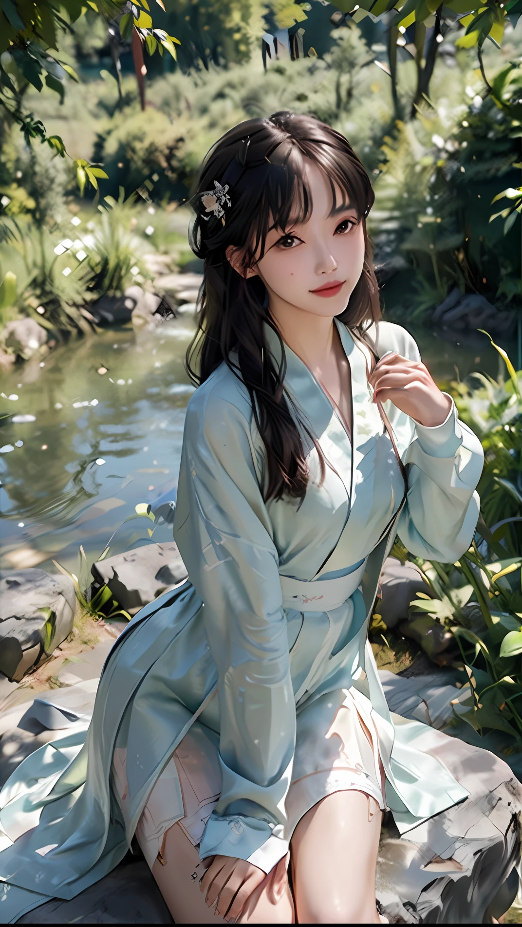 woman sitting on a rock near a river in a green robe, hanfu, palace ， a girl in hanfu, white hanfu, sakimichan, with acient chinese clothes, japanese clothes, classical robes, beautiful image, traditional chinese clothing, wearing simple robes, in kimono, sakimichan hdri, kimono, cheongsam, flowing magical robe