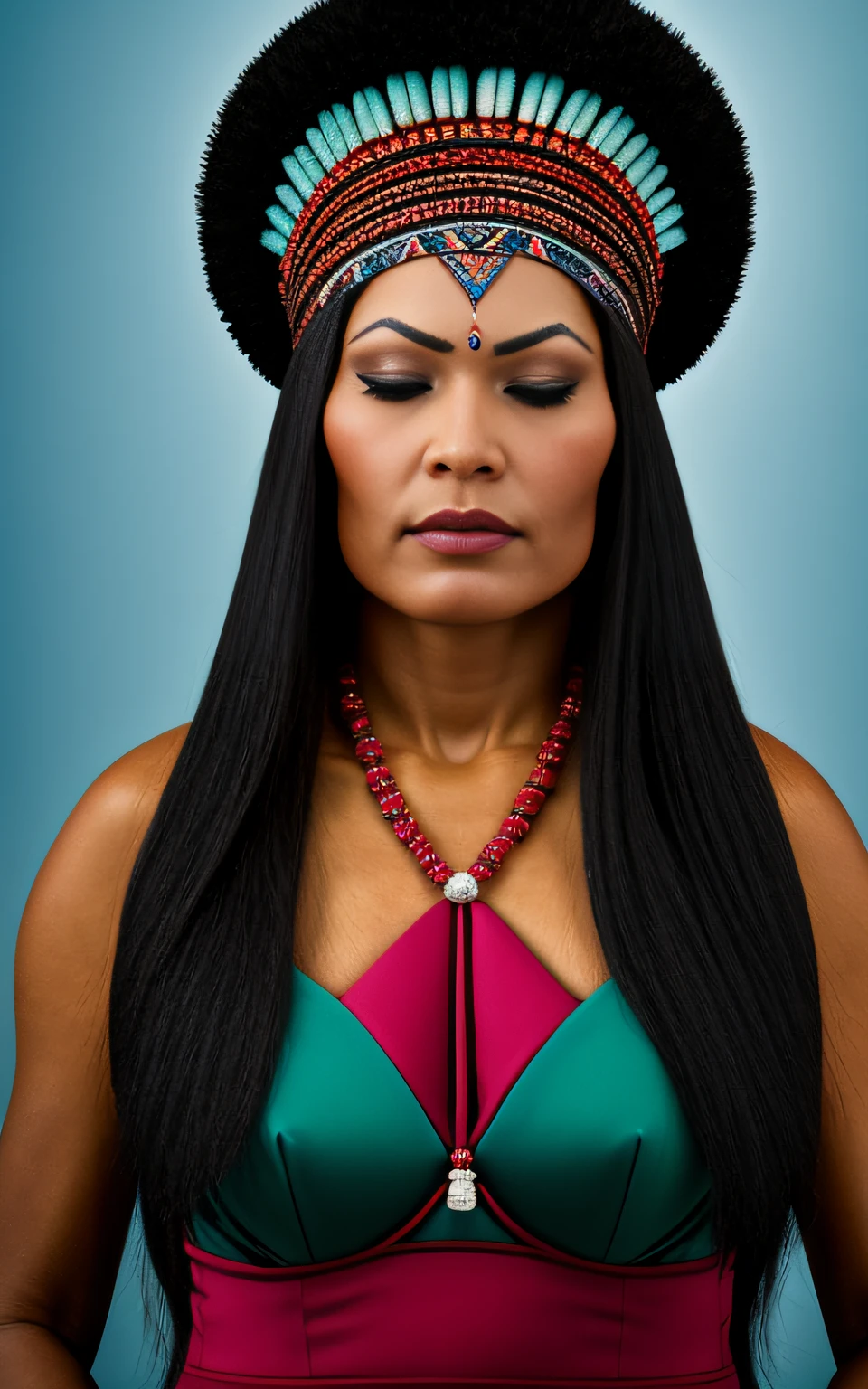 (full portrait), (half shot), solo, detailed background, detailed face, (stonepunkAI, stone theme:1.1), wise, (female), (indigena brasileira), (beautiful hair, braids:0.2), shaman, (septum piercing), mystic, (beautiful face, perfect qcd_face:0.3), stunning, (head tilted back:0.3), (eyes closed, serene expression), calm, meditating, Seafoam green worn clothes, prayer beads, tribal jewelry, feathers in the hair,  headdress: 0.33, jade, obsidian, detailed clothing, neckline, realistic skin texture, (floating particles, water swirl, embers, ritual, whirlpool, wind: 1.2), sharp focus, volumetric lighting, good highlights, good shading, subsurface scattering, intricate, highly detailed, ((cinematic)), dramatic, (highest quality, award-winning, masterpiece:1.5), (photorealistic: 1.5), (intricate symmetrical warpaint:0.6),