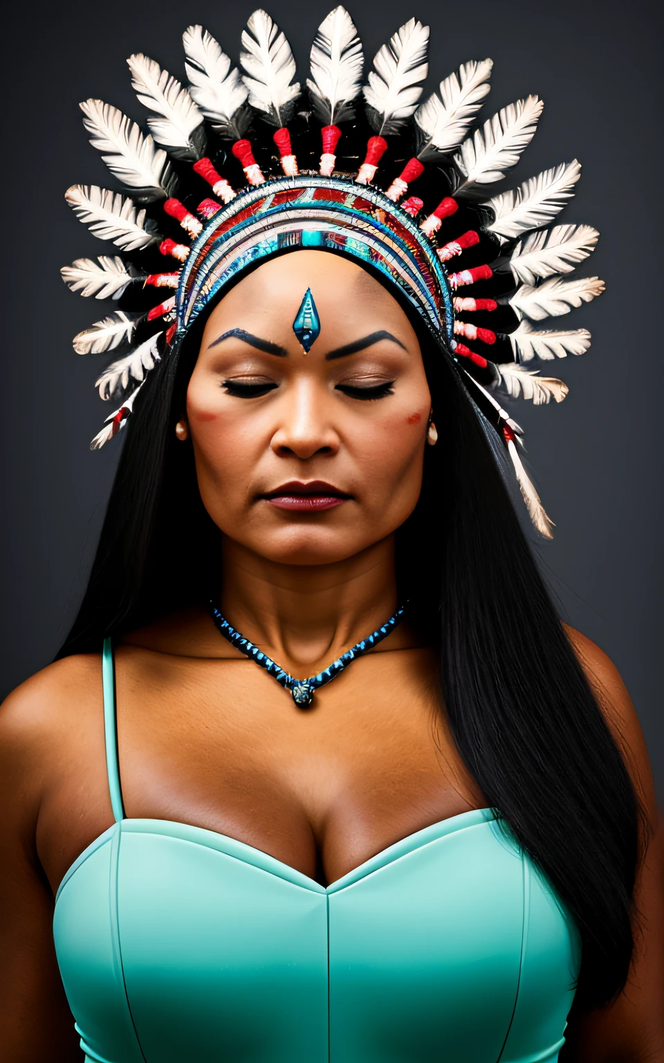 (full portrait), (half shot), solo, detailed background, detailed face, (stonepunkAI, stone theme:1.1), wise, (female), (indigena brasileira), (beautiful hair, braids:0.2), shaman, (septum piercing), mystic, (beautiful face, perfect qcd_face:0.3), stunning, (head tilted back:0.3), (eyes closed, serene expression), calm, meditating, Seafoam green worn clothes, prayer beads, tribal jewelry, feathers in the hair,  headdress: 0.33, jade, obsidian, detailed clothing, neckline, realistic skin texture, (floating particles, water swirl, embers, ritual, whirlpool, wind: 1.2), sharp focus, volumetric lighting, good highlights, good shading, subsurface scattering, intricate, highly detailed, ((cinematic)), dramatic, (highest quality, award-winning, masterpiece:1.5), (photorealistic: 1.5), (intricate symmetrical warpaint:0.6),