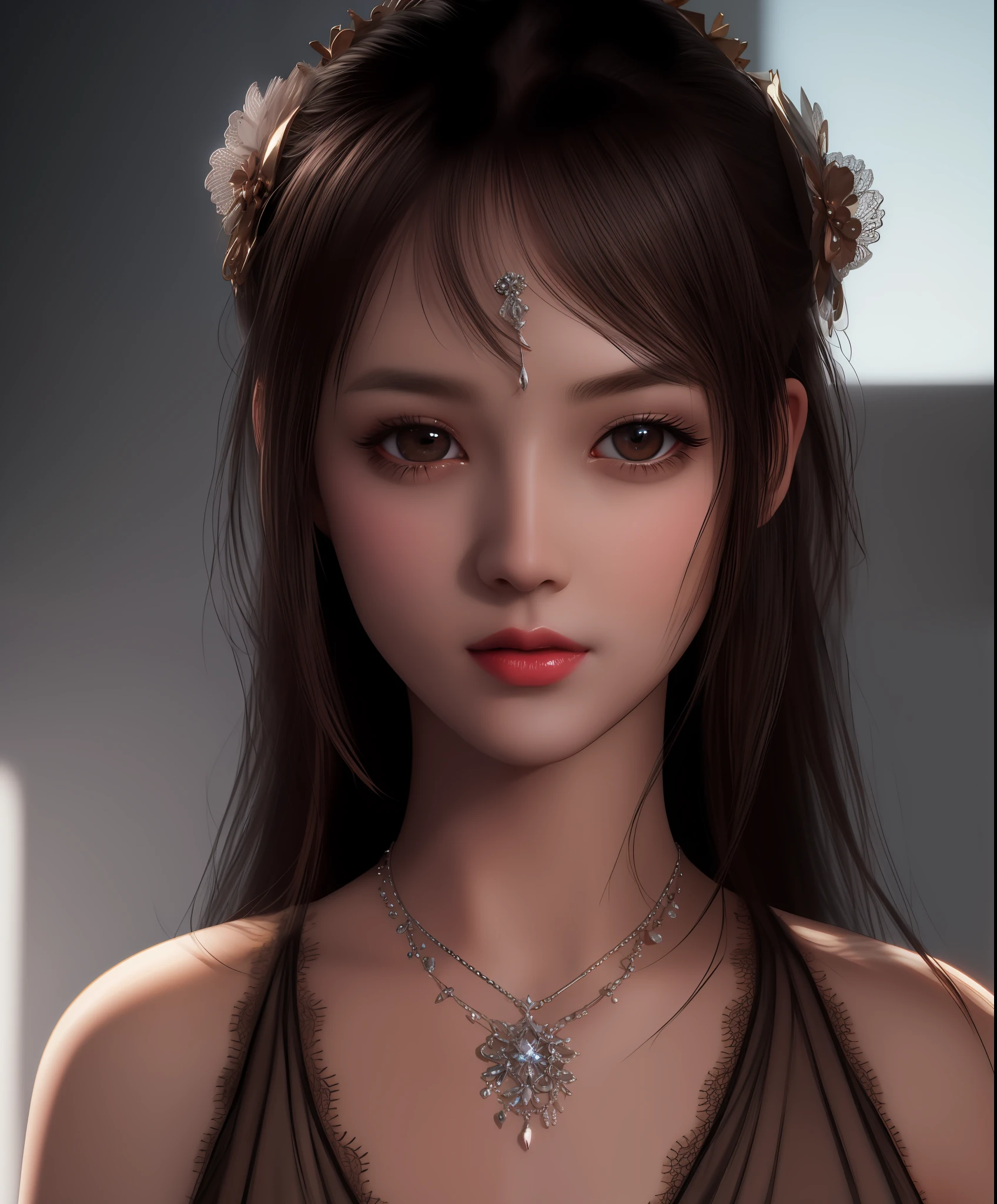 Best quality, masterpiece, high resolution, 1girl, porcelain dress, hair accessories, necklace, jewelry, beautiful face, on the body, Tyndall effect, realistic, dark studio, edge lighting, two-tone lighting, (high detail skin: 1.2), 8k UHD, dslr, soft light, high quality, volumetric light, candid, photo, high resolution, 4k, 8k, background blur,