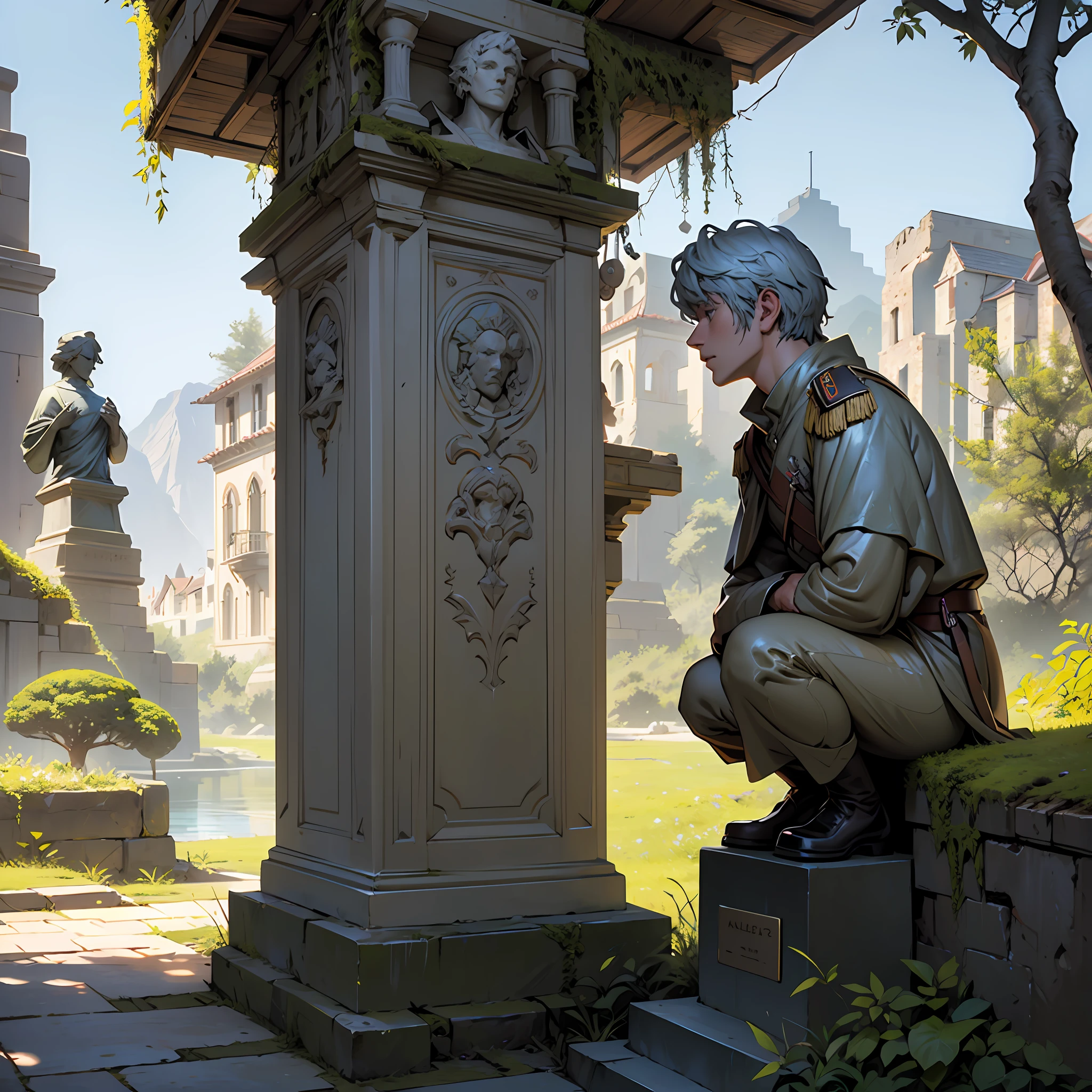 Realistic drawing, Computer visualized graphics, realistic fantasy, Extensive landscape ultra photography (general view, which shows an ivy-covered old shabby stone statue covered with moss, a male statue in the form of a military statue all in moss), darkness, night, blurred background, gloomy, blue, dark, gray, purple background, gray, cold, magical, "Majestic mountains," "Lush forests," "Glittering lakes," "Desert dunes," "Golden sunsets. --auto