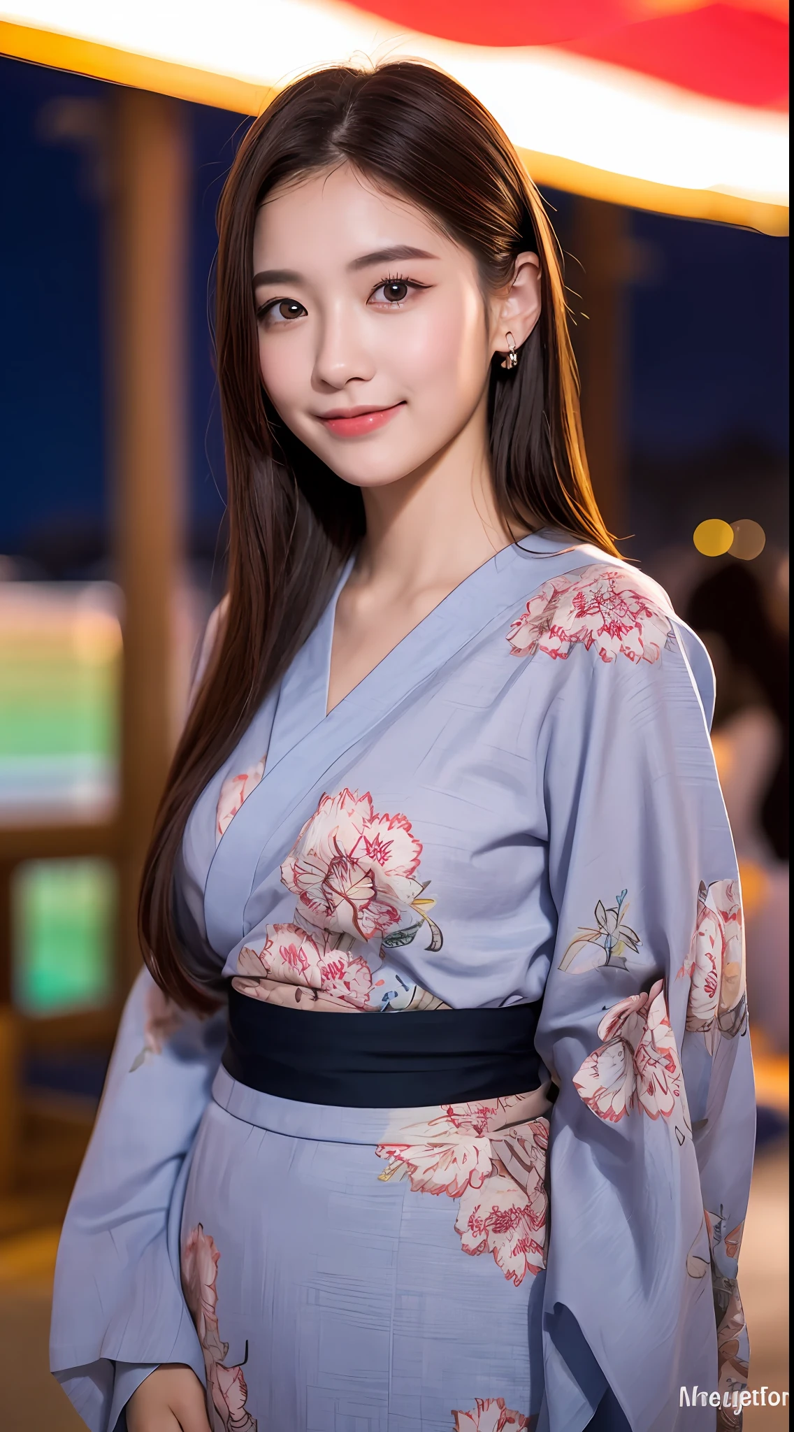((top quality, 8k, masterpiece: 1.3)), 1 girl, smile, slim face, 19 years old pretty woman, (dark brown hair), Japan kimono: 1.4, ultra detailed face, big, detailed eyes, double eyelids, blurred background, slim face, night, Japan summer festival,