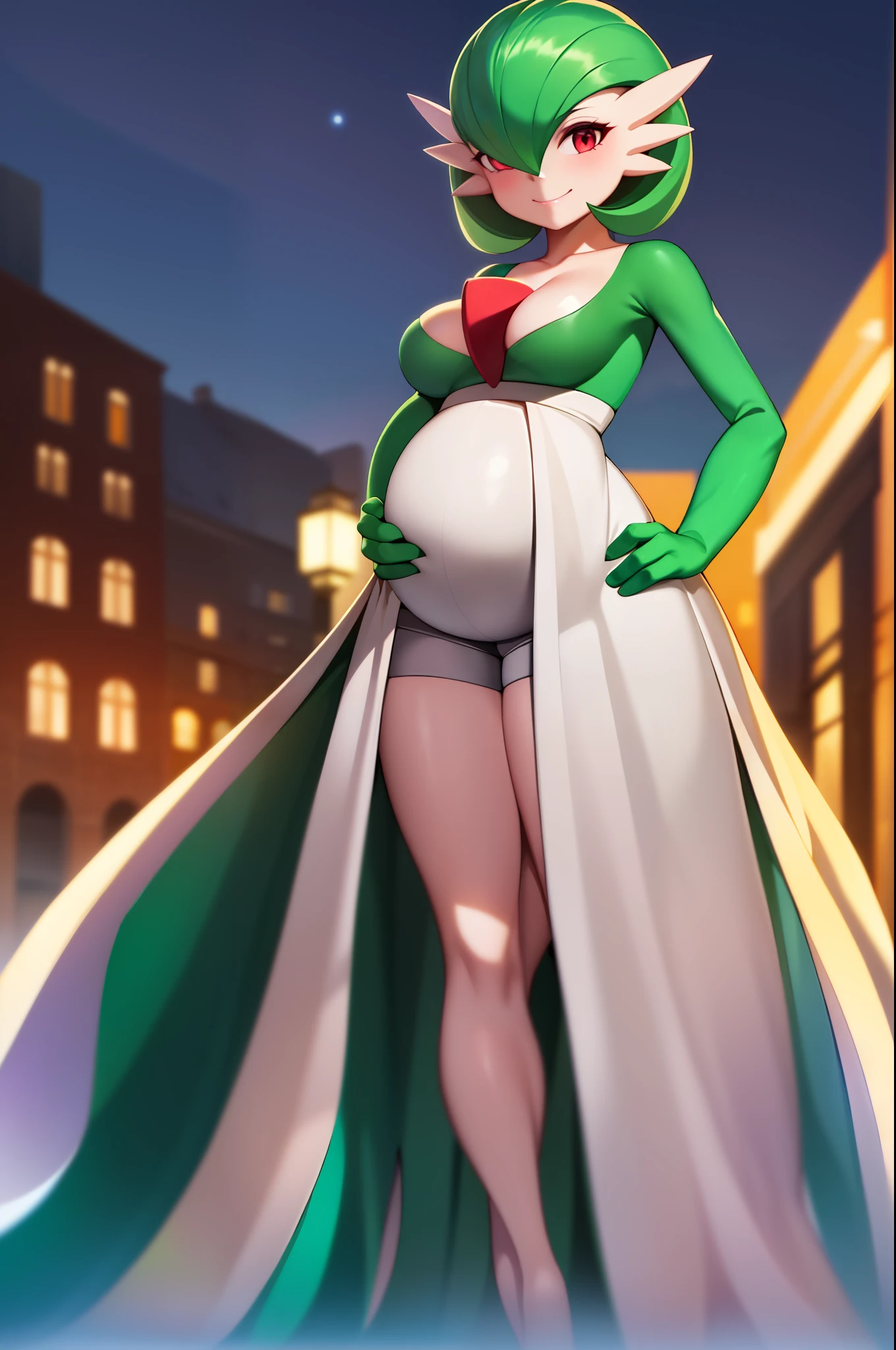 masterpiece, best_quality, 1girl, solo, gardevoir, pokemon\(creature\), green hair, red eyes, white dress, outdoor, night, smile, hands on hips, pregnant, female breasts, medium breasts.