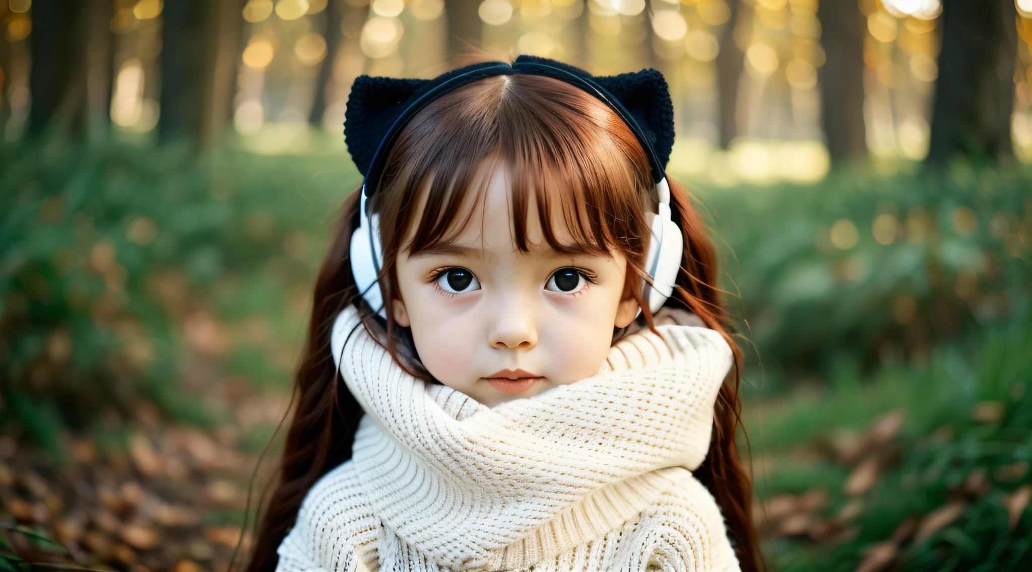 CHILD girl with long RED hair wearing a white sweater and muffling black ears.