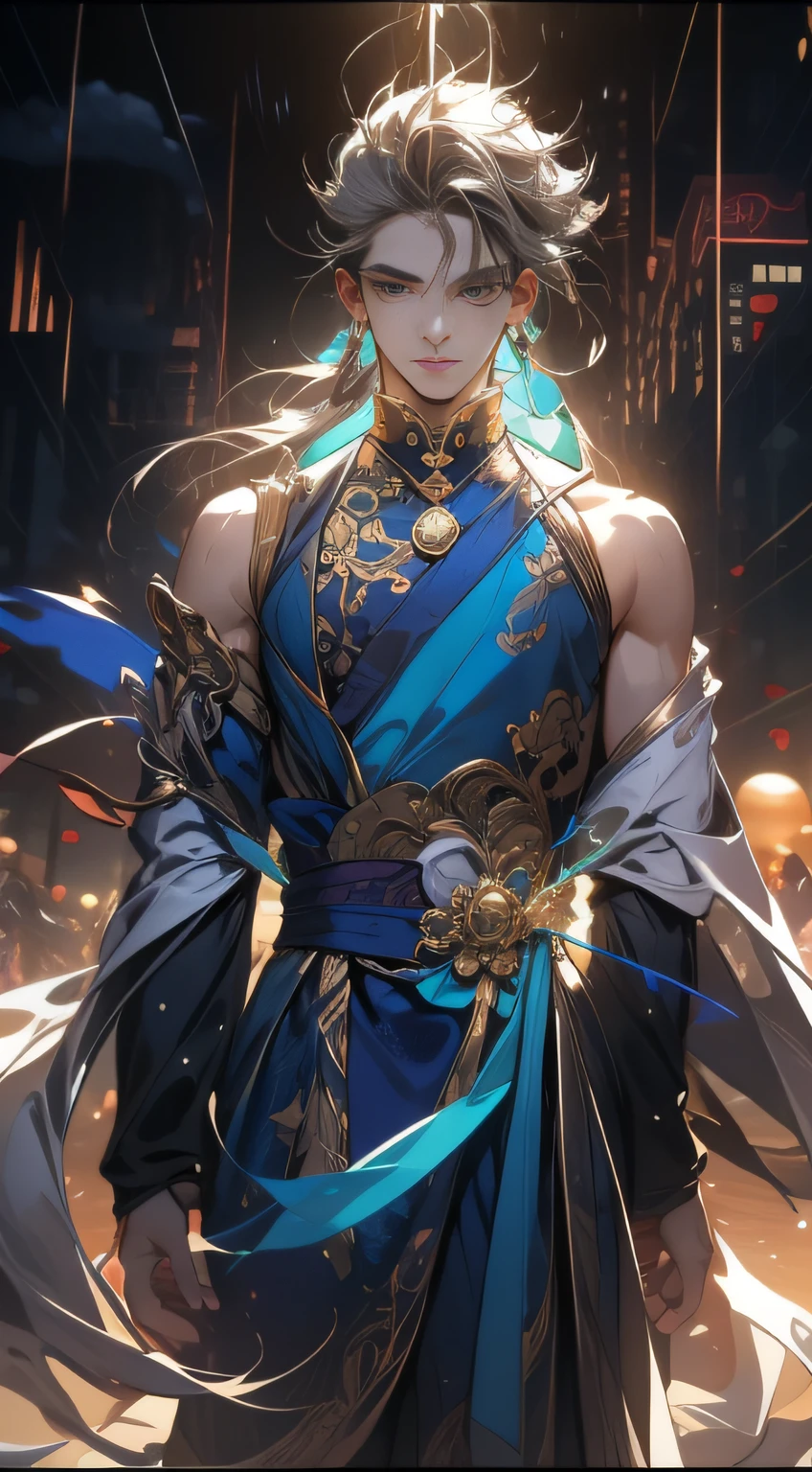 The young man's eyebrows are excellent, clear and beautiful, slender body, wide shoulders and narrow waist, a cyan cloud brocade, this is a plain color, but worn on him, it is bright and open, and there is a sense of light and moonlight throughout his body.