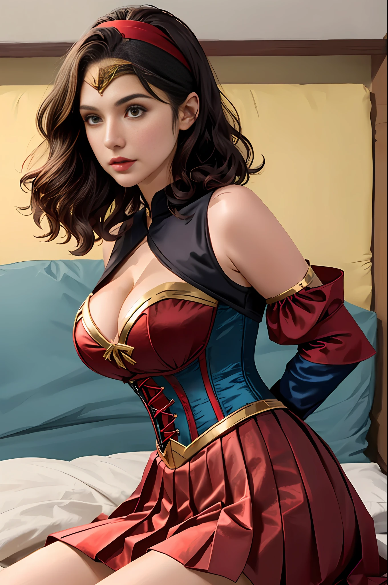 Gal gadot, age 25, wearing (yellow pleated skater skirt, blue silk corset, red shoulder slash sleeves, hair: (short, bob, headband (red)), cleavage large breasts