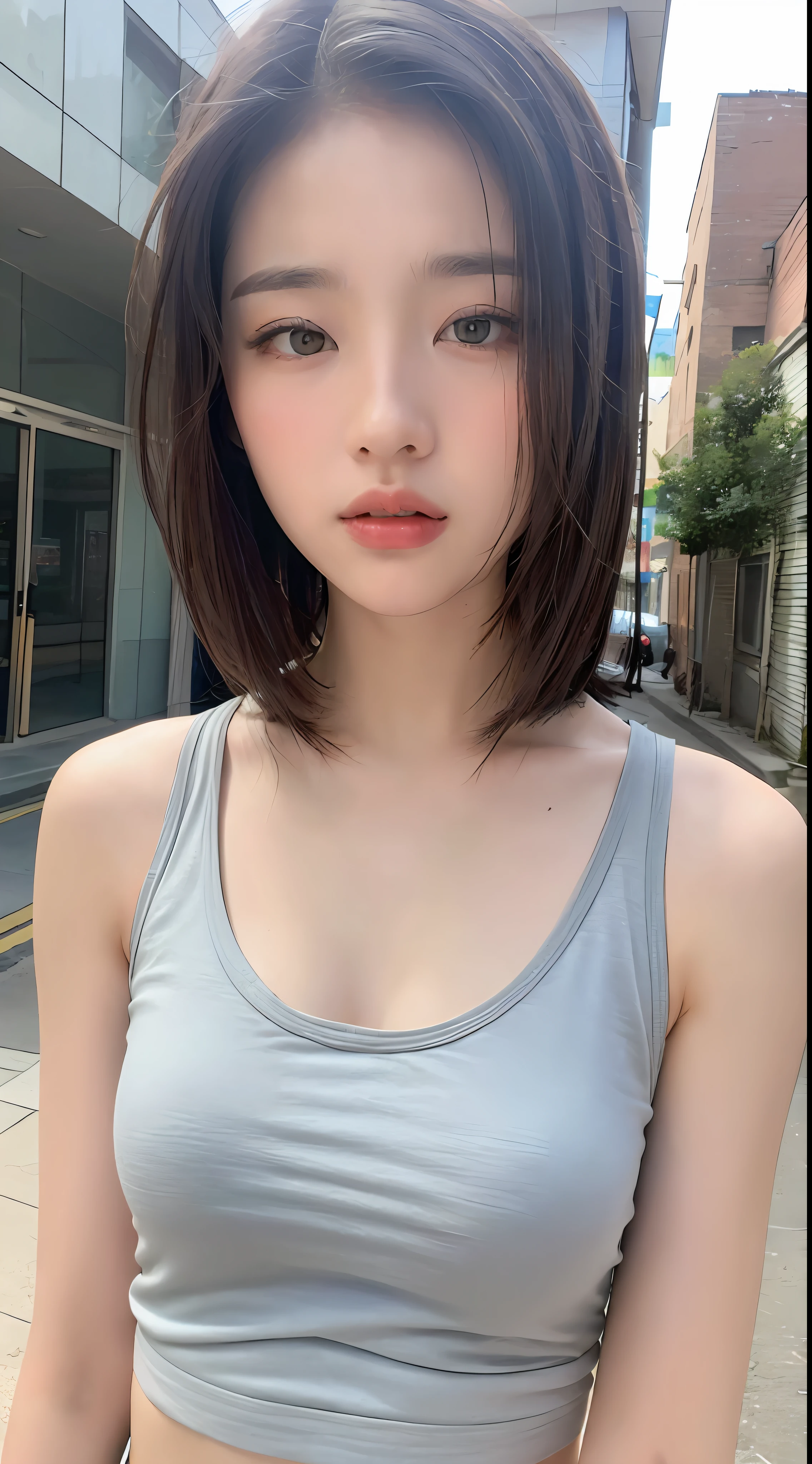 ((Best quality, 8k, Masterpiece :1.3)), Sharp focus :1.2, Perfect Body Beauty:1.4, Slim Abs:1.2, ((Layered hairstyle:1.2)), (Tank top shirt:1.1 ), (Street:1.2), Highly detailed face and skin texture, Detailed eyes, Double eyelids, white T-shirt,