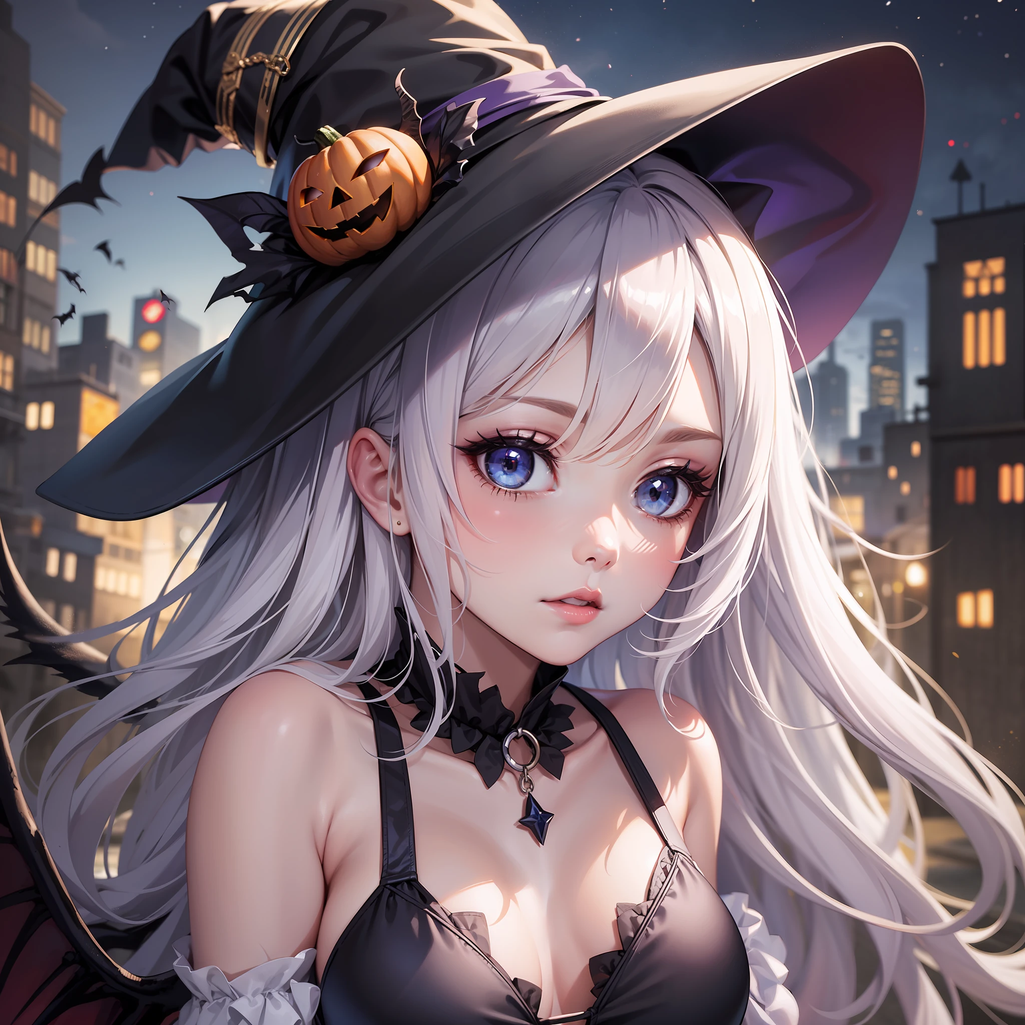 Halloween, witch hat, black swimsuit, white and beautiful hair, night city, demon wings