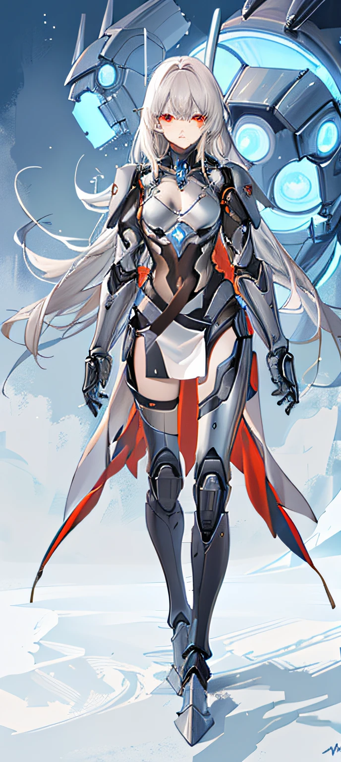 "Heavy cyborg armor, with a rugged aesthetic and futuristic design that resembles a strong mechanical exoskeleton. Dark shades, highlighted edges and details with a slight glow. Emphasize the strength and resilience of the armor, with high-quality materials and visible mechanical components. Emphasize the combination of technology and warfare, with built-in weapons and defense systems. Show the characteristics of the cyborg, such as biomechanical implants, red eyes or indicated circuits. Depict the armor in a futuristic combat environment, with destroyed buildings and smoke effects in the background."