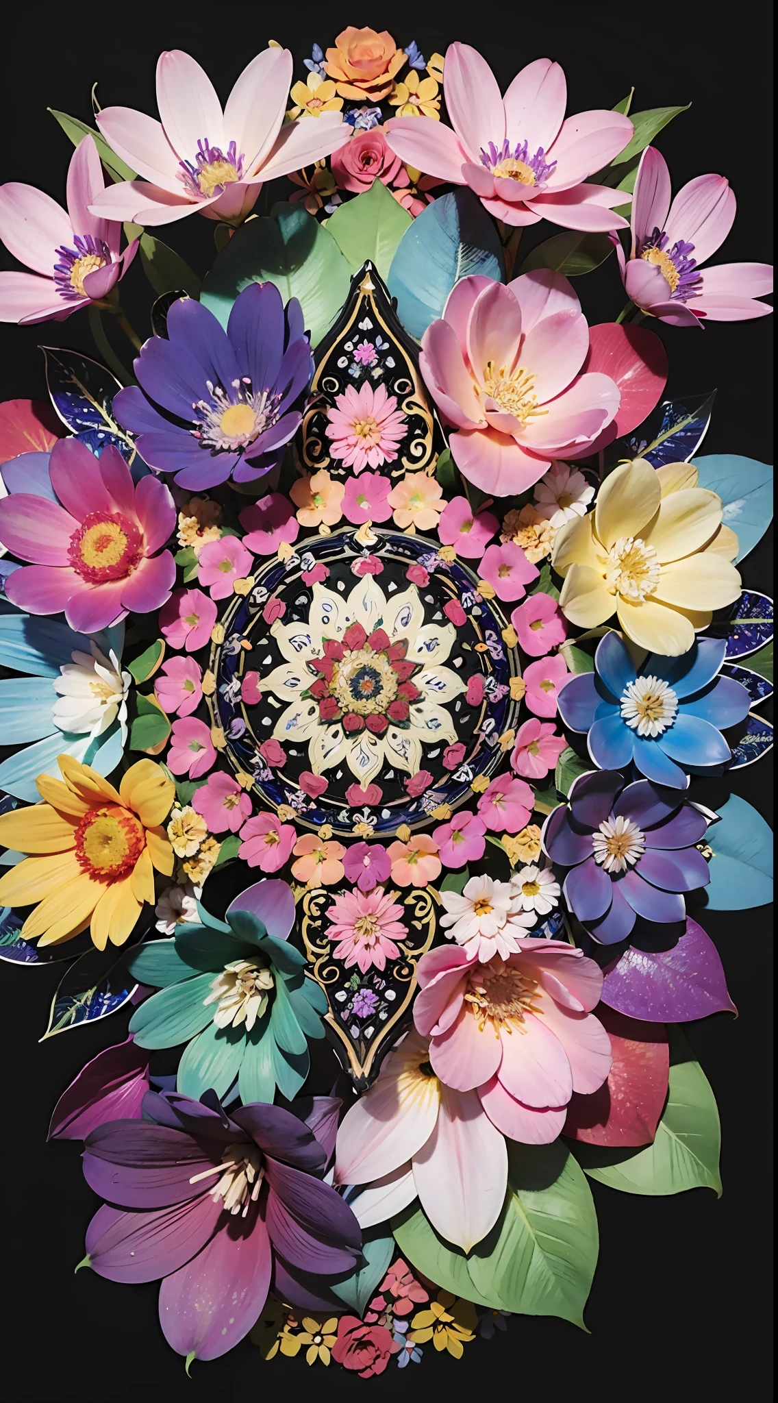 brightly colored petals of a flower on a black background, intricate colors, colorful intricate masterpiece, intricate vibrant colors, colorful hd picure, colorful picture, wonderfully colorful, intricate colorful, beautiful and colorful, highly intricate and colorful, intricate colorful masterpiece, magical colorful flowers, beautiful colorful, beautiful color art!, colorful mandala, full of colors, rich flower colors