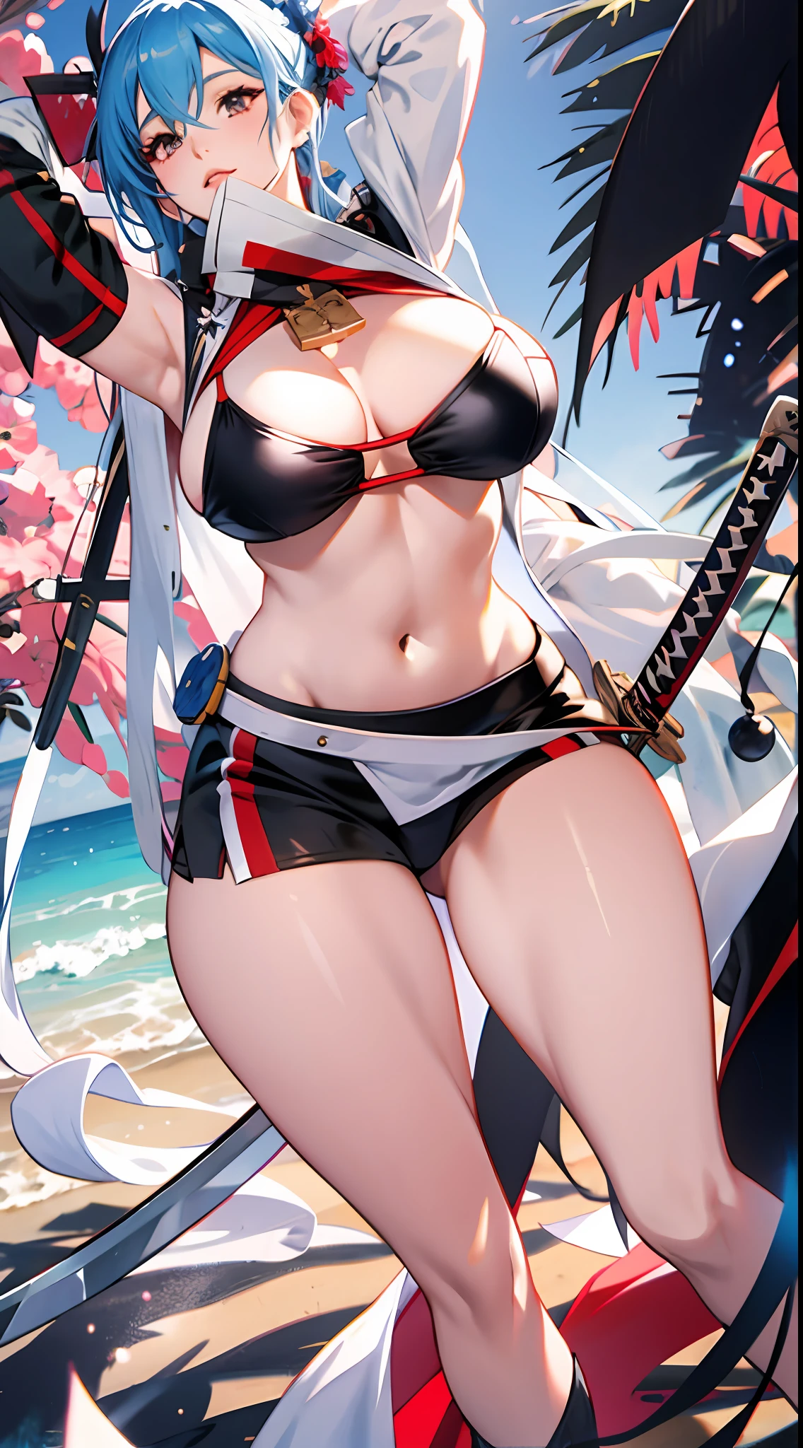 anime girl with a sword and a bikini posing on a beach, seductive anime girl, detailed digital anime art, azur lane style, [ 4 k digital art ]!!, onmyoji, | fine detail anime, commission for high res, digital advanced anime art, advanced digital anime art ”, advanced digital anime art, deviantart artstation cgscosiety