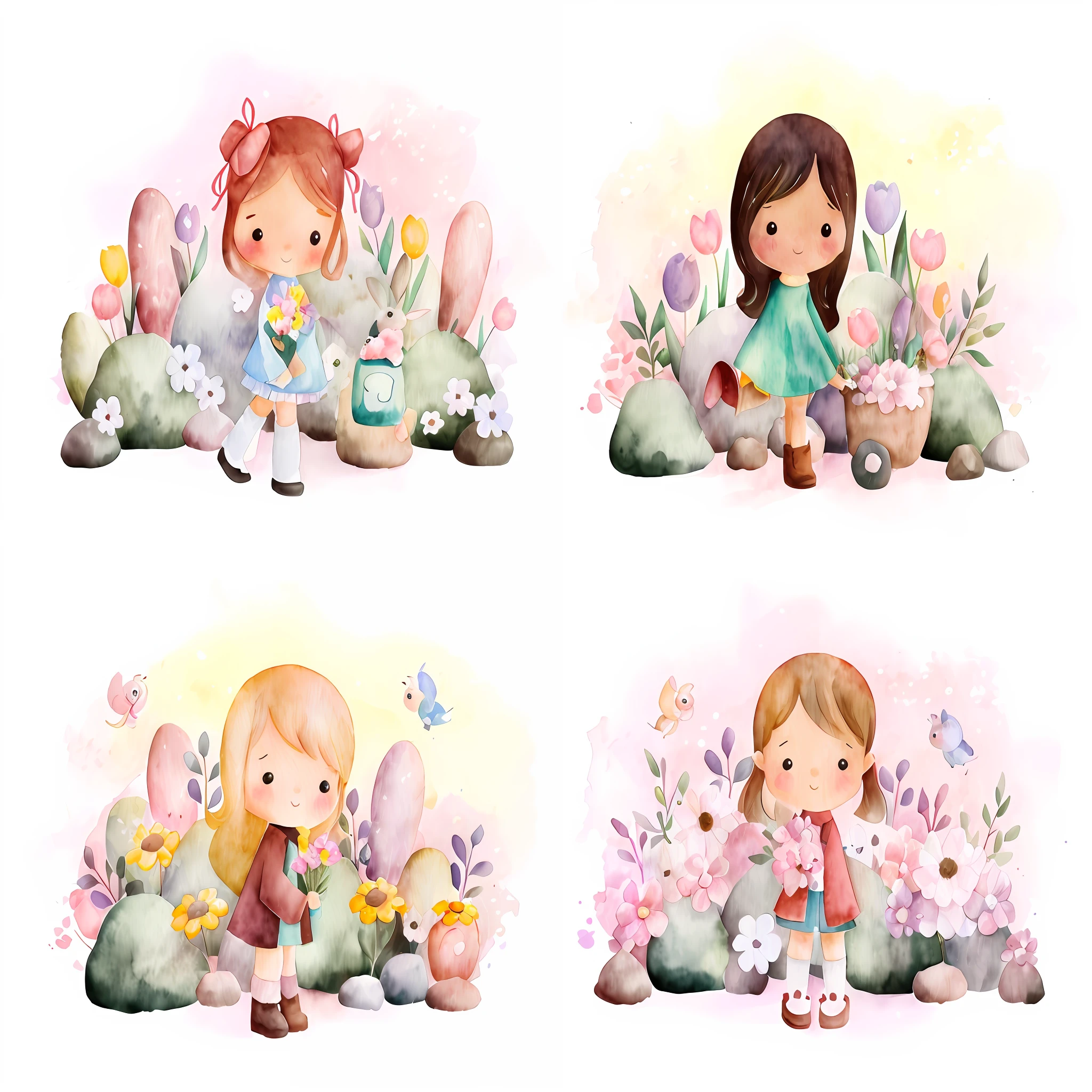 four illustrations of a girl and a bunny with flowers and a bunny, children illustration, childrens illustration, cute digital art, watercolor illustration style, cute girls, cute art style, cute illustration, cute characters, illustration for children, artistic illustration, children book illustration, children's illustration, illustrated in whimsical style, childrenbook illustration, kids book illustration, colored illustration