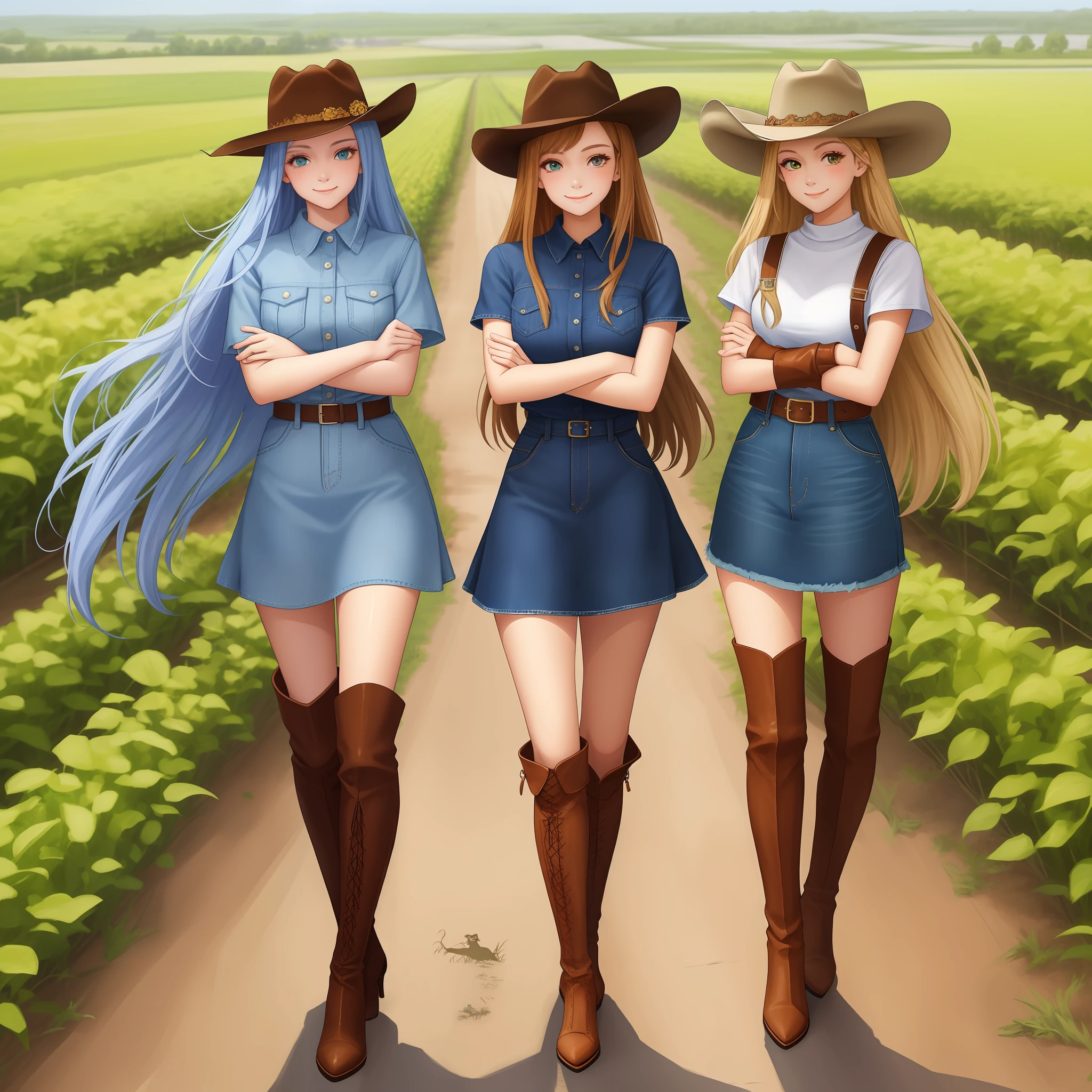 (masterpiece), large group, thousands of sisters, millions of sisters, sisters, smile, looking at viewer, country girls, crossed arms, low-tied long hair, cowboy hat, shirt, short sleeves, denim dress, full body, thigh high boots, high heeled boots, matching outfit, matching hairstyle, matching face, only girls, farm