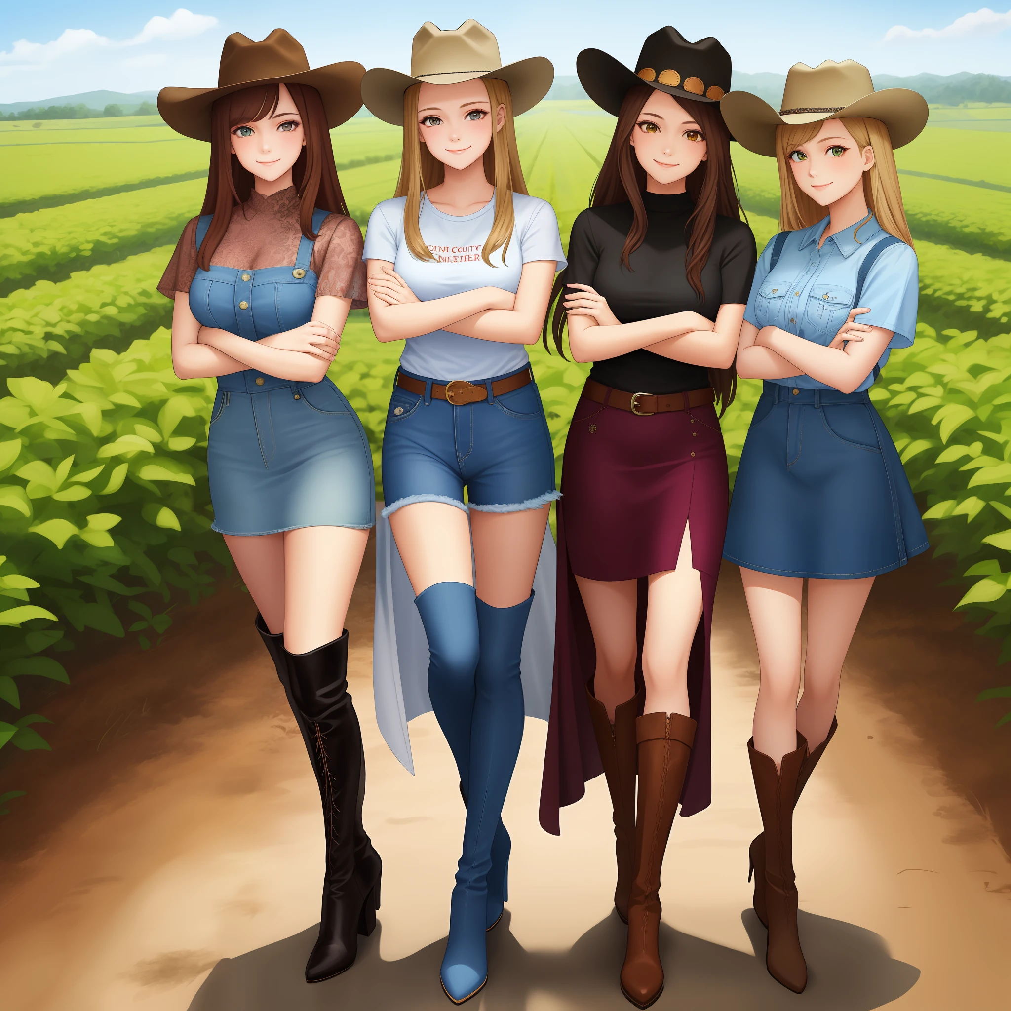 (masterpiece), large group, thousands of sisters, millions of sisters, sisters, smile, looking at viewer, country girls, crossed arms, low-tied long hair, cowboy hat, shirt, short sleeves, denim dress, full body, thigh high boots, high heeled boots, matching outfit, matching hairstyle, matching face, only girls, farm