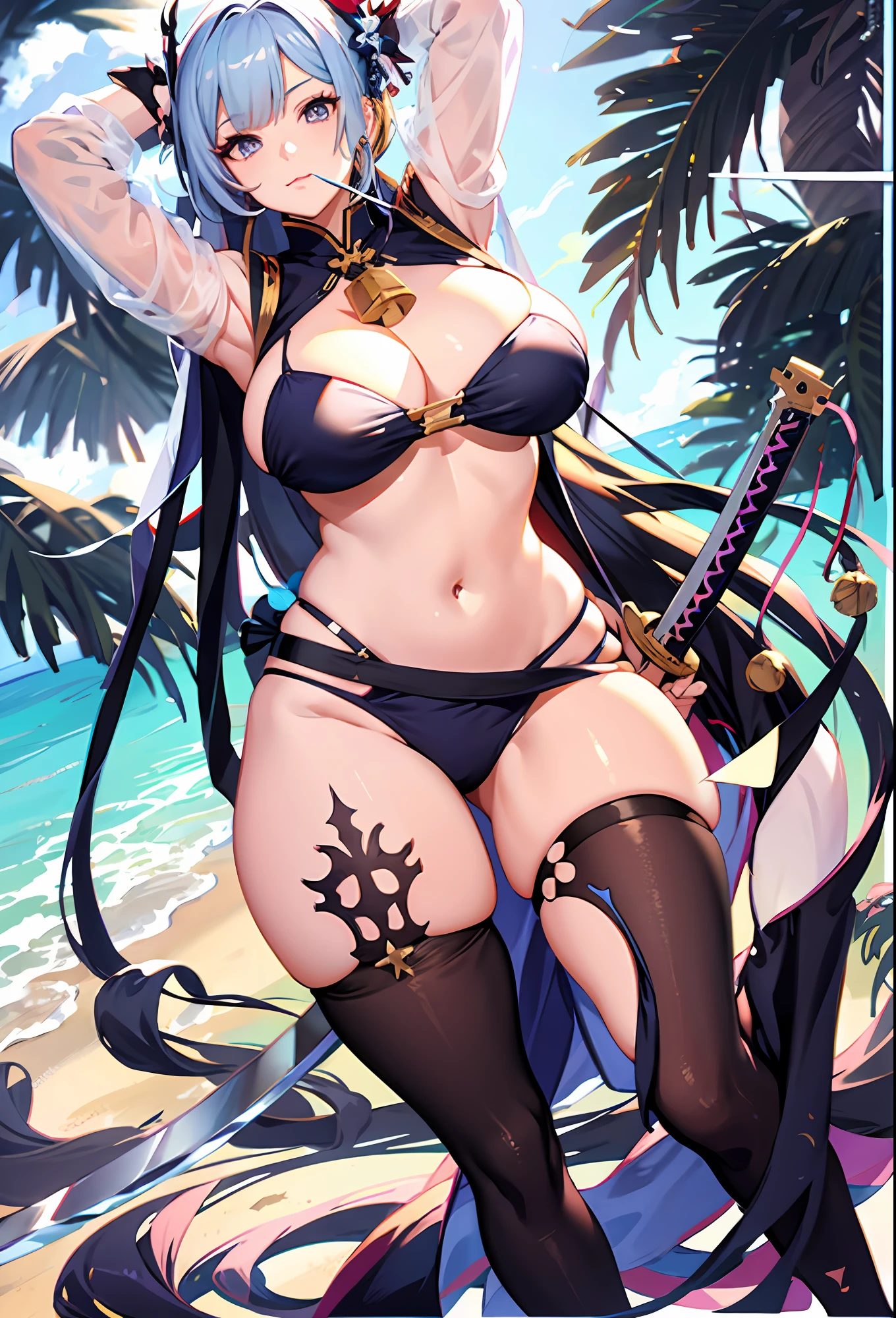 anime girl with a sword and a bikini posing on a beach, seductive anime girl, detailed digital anime art, azur lane style, onmyoji, [ 4 k digital art ]!!, | fine detail anime, commission for high res, digital advanced anime art, advanced digital anime art ”, advanced digital anime art, deviantart artstation cgscosiety