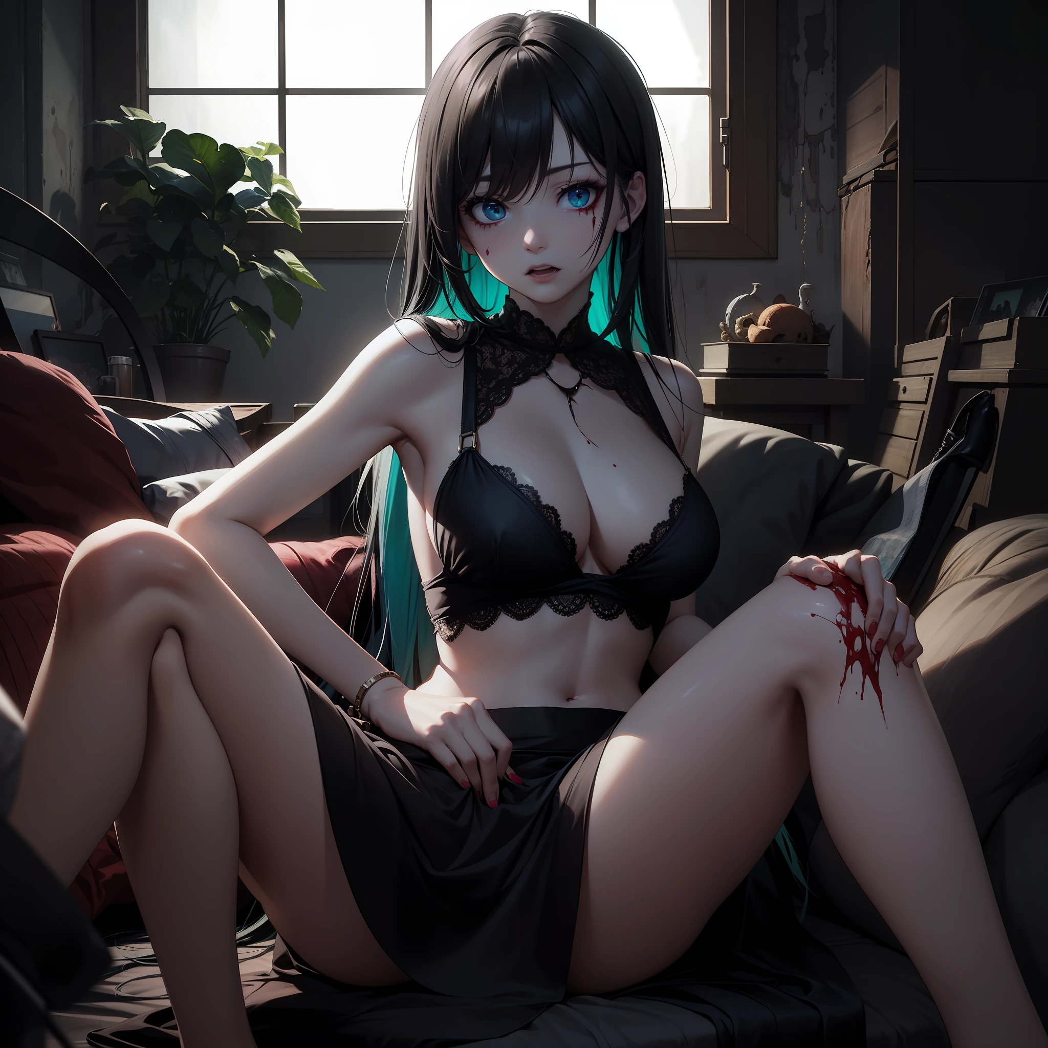 1 Woman, Aesthetic: 1.2), (High Resolution, Absurd Resolution, 8K Resolution, 4K Resolution: 1.3), (Complex, Complex, Retouched Images, HDR: 1.8), (Sharp Focus: 1.5), (Digital Painting: 0.8), (Anime: 1.8), Color Grade, Portrait, Soft Lighting, Intense Shadows, Detailed Background, Ruins, Blood, Zombie Girl, Slender Waist, Sexy Legs, Colossal, horror, black hair, mint green tips, long hair, blue eyes, real horror, mocking