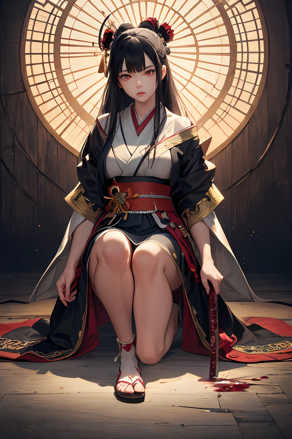 (masterpiece, top quality, best quality, official art, beautiful and aesthetic: 1.2), (1girl: 1.3), extremely detailed, colorful, more detailed (((ultra-detailed)), (highly detailed CG illustration), ((an extremely delicate and beautiful)),(front),cinematic light,((1 samurai girl)), solo, full body, expressionless,(long black hair 1.2), (focus on character), blood 1.5, samurai, (red eyes 1.5), colored background, goddess, Divinity, Oriental