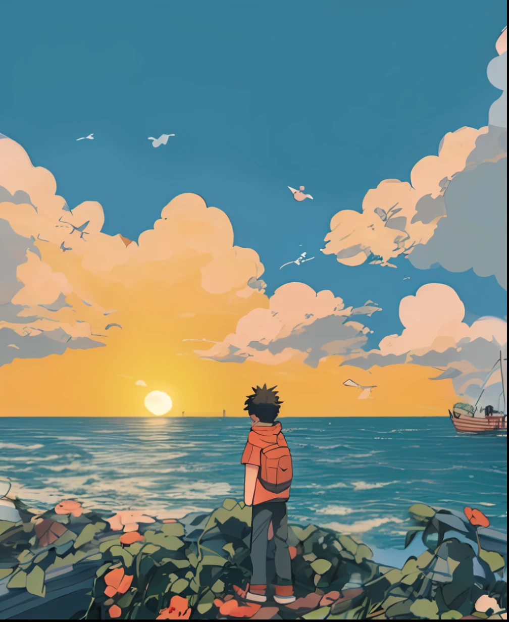 Anime boy standing by the sea with a plush doll, doll bear, sunset, reef, cute art style, loepfe art style, cute detailed digital art, anime aesthetics, cute anime, high quality anime art style, anime boy, anime art style, cute detailed artwork, soft anime illustration, lofi girl, loepfe aesthetics, loepfe art, loepfe, cute artwork, high quality fan art, illustrated anime