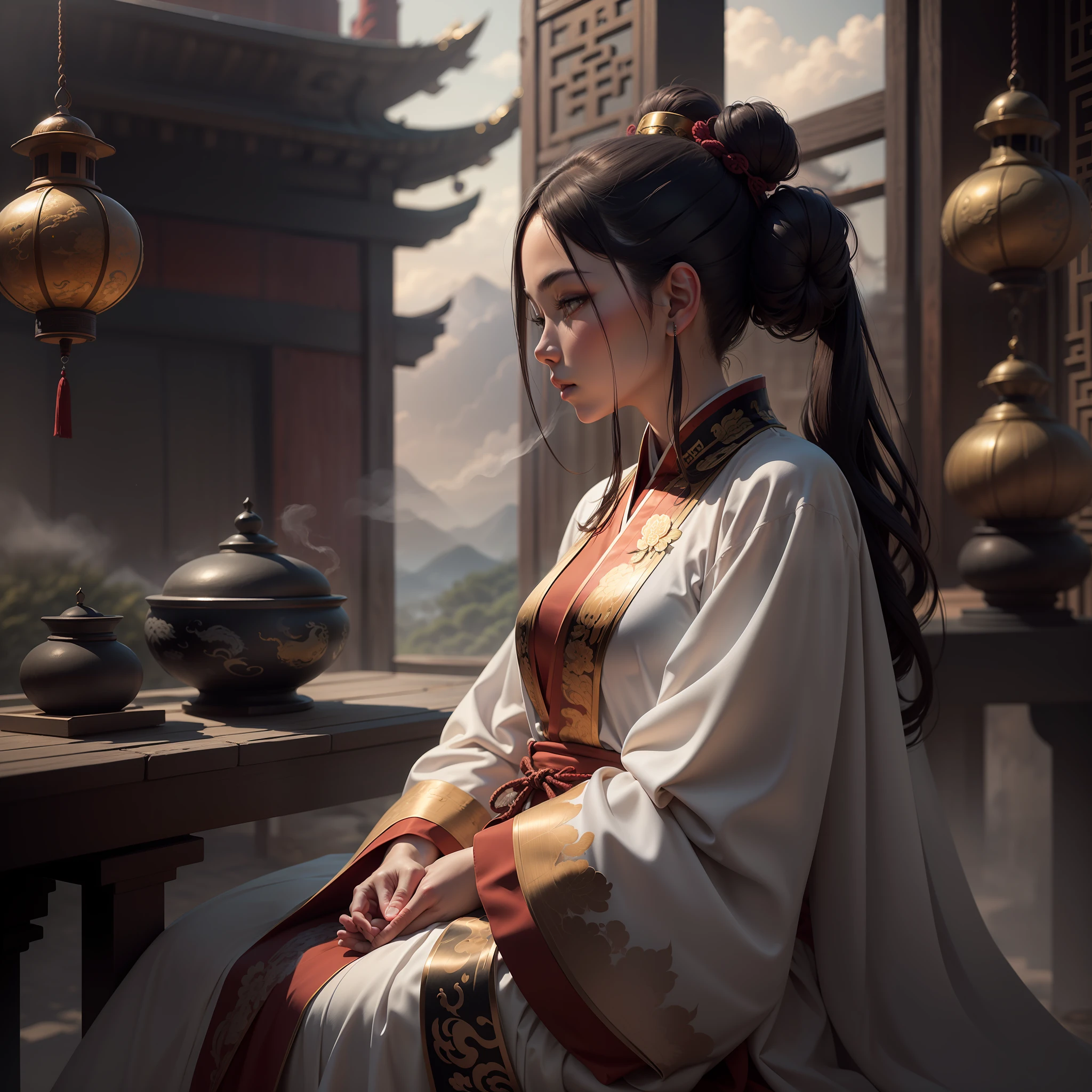 (RAW Photo, Best Quality), (Realistic, Photo Realistic: 1.3), Extremely Refined and Beautiful, Amazing, Fine Detail, Masterpiece, Ultra Detail, High Resolution, (Best Illustration), (Best Shadow), Intricate,
A beautiful female Taoist priest dressed in a white see-through robe and in a bun sits on the eaves of the Taoist temple, overlooking the monks meditating below. In the distance there are pavilions, towers and distant mountains, decorated with floating clouds, (dragon in the background: 1.3), sunset, storm,
Clear focus, volumetric fog, 8k UHD, DSLR, high quality, (film grain: 1.4), Fujifilm XT3,