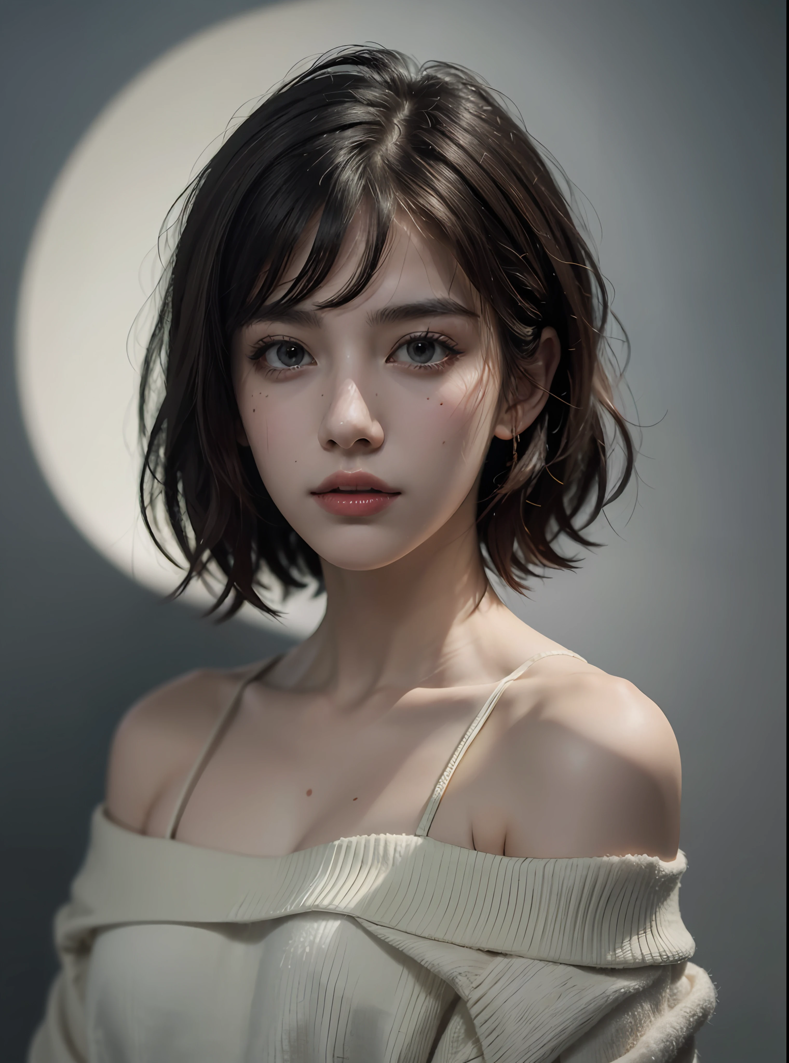 Best quality, masterpiece, ultra high res, (photorealistic:1.5), raw photo, 1girl, offshoulder, in the dark, deep shadow, low key, cold light, sexy look, short hair
