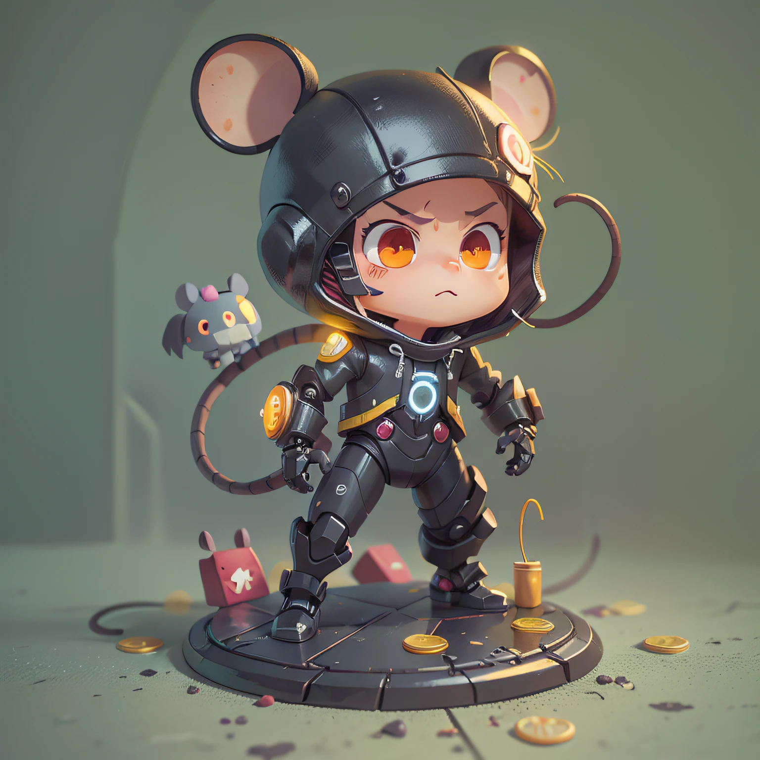 chibi, mouse, cute, evil hacker, action pose, male, high tech suit, black cloth, with a high tech computer and robot, dark background, red eyes, some yellow coins on the ground, holding leather suit, bigbadejo, full body, masterpiece, 3D Rendering, Best Quality, Lots of Detail, (plain background), vinyl toy figurine