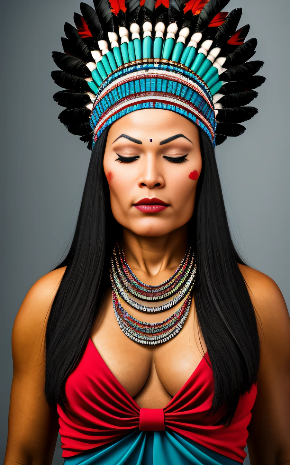 (full portrait), (half shot), solo, detailed background, detailed face, (stonepunkAI, stone theme:1.1), wise, (female), (indigena brasileira), (beautiful hair, braids:0.2), shaman, (septum piercing), mystic, (beautiful face, perfect qcd_face:0.3), stunning, (head tilted back:0.3), (eyes closed, serene expression), calm, meditating, Seafoam green worn clothes, prayer beads, tribal jewelry, feathers in the hair,  headdress: 0.33, jade, obsidian, detailed clothing, neckline, realistic skin texture, (floating particles, water swirl, embers, ritual, whirlpool, wind: 1.2), sharp focus, volumetric lighting, good highlights, good shading, subsurface scattering, intricate, highly detailed, ((cinematic)), dramatic, (highest quality, award-winning, masterpiece:1.5), (photorealistic: 1.5), (intricate symmetrical warpaint:0.6),