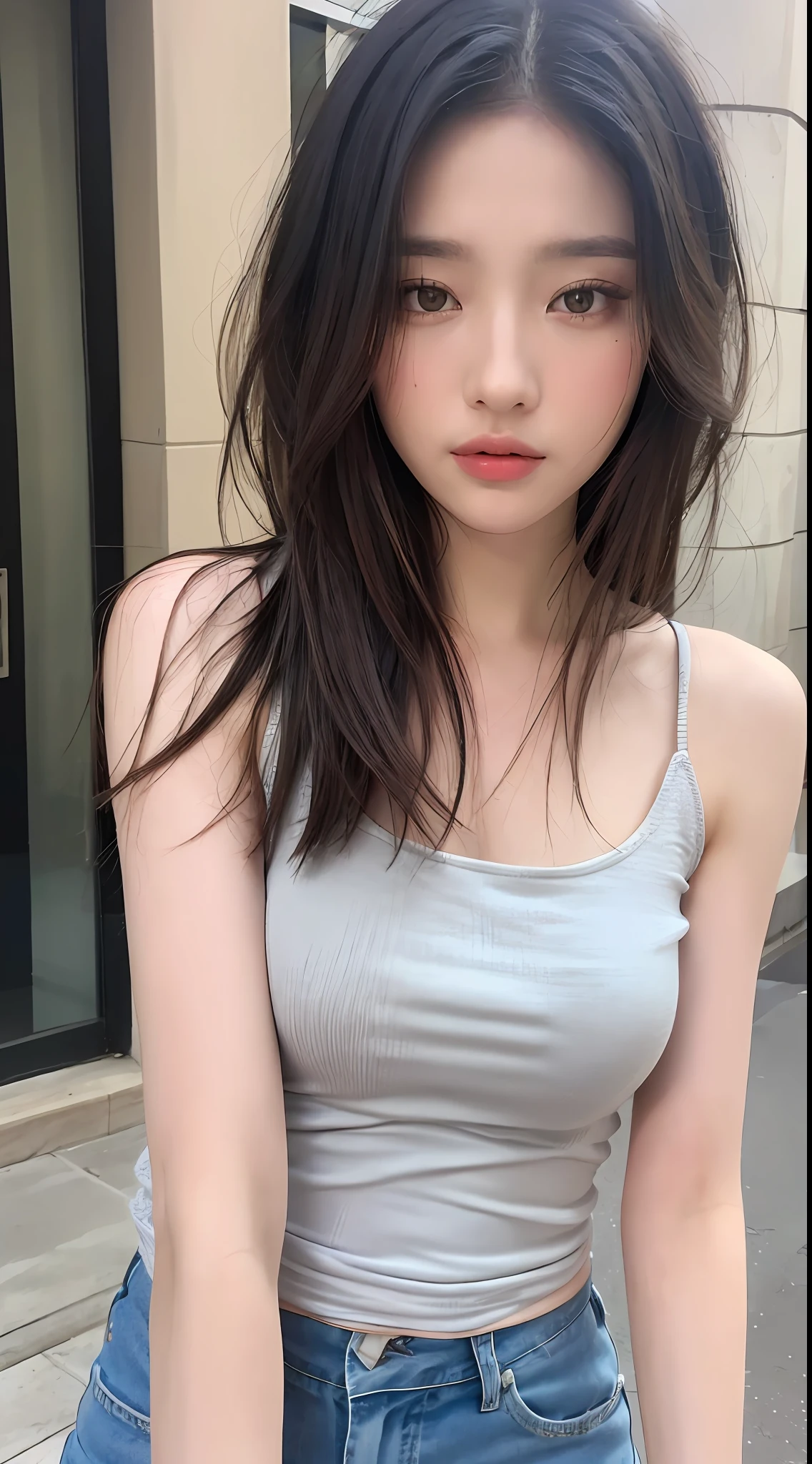 ((Best quality, 8k, Masterpiece :1.3)), Sharp focus :1.2, Perfect Body Beauty:1.4, Slim Abs:1.2, ((Layered hairstyle:1.2)), (Tank top shirt:1.1 ), (Street:1.2), Highly detailed face and skin texture, Detailed eyes, Double eyelids, off-the-shoulder top,