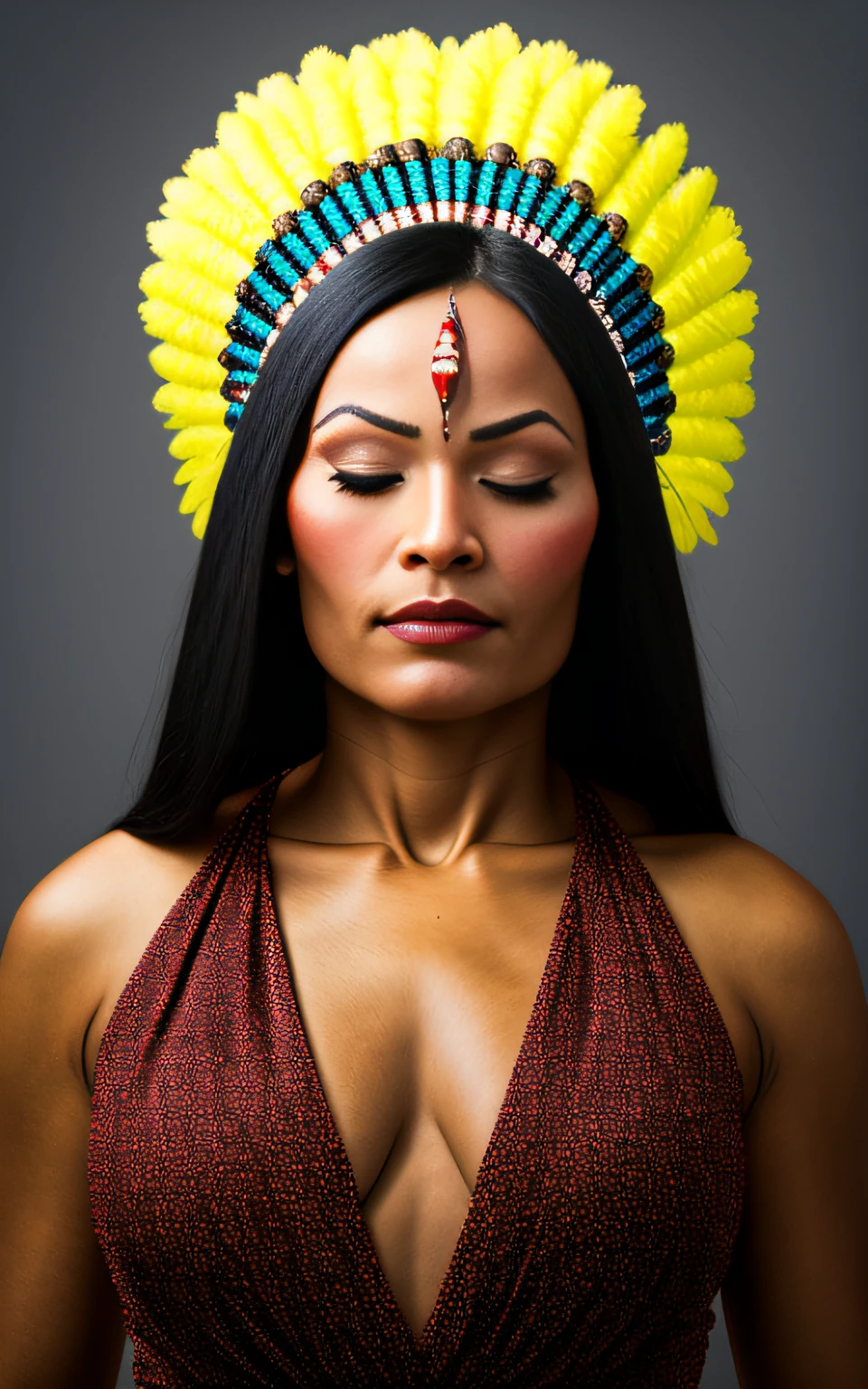 (full portrait), (half shot), solo, detailed background, detailed face, (stonepunkAI, stone theme:1.1), wise, (female), (indigena brasileira), (beautiful hair, braids:0.2), shaman, (septum piercing), mystic, (beautiful face, perfect qcd_face:0.3), stunning, (head tilted back:0.3), (eyes closed, serene expression), calm, meditating, Seafoam green worn clothes, prayer beads, tribal jewelry, feathers in the hair,  headdress: 0.33, jade, obsidian, detailed clothing, neckline, realistic skin texture, (floating particles, water swirl, embers, ritual, whirlpool, wind: 1.2), sharp focus, volumetric lighting, good highlights, good shading, subsurface scattering, intricate, highly detailed, ((cinematic)), dramatic, (highest quality, award-winning, masterpiece:1.5), (photorealistic: 1.5), (intricate symmetrical warpaint:0.6),