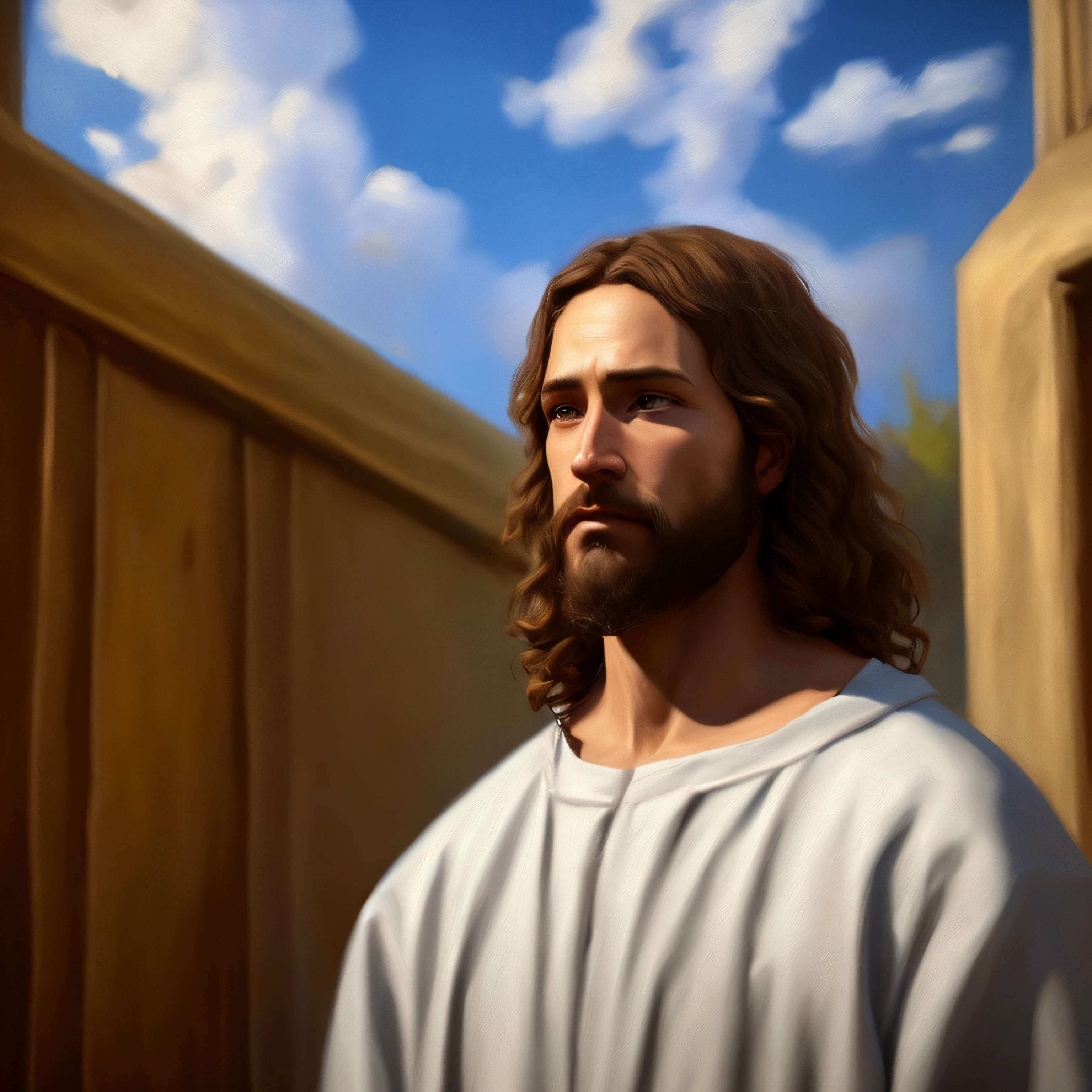 Concept art of Jesus Christ with white clothes in the clouds towards the gates of heaven, full body photo, wide photo, insanely realistic with with soft sunset lighting, with detailed skin with face muscles and skin with pores, 20 megapixels, Canon EOS R3, depth of field, soft lighting, masterpiece, best quality, intricate, tone mapped, highly detailed, artstation, smooth, sharp focus, dramatic lighting, highly detailed art, cinematic, hyper realistic painting, trend in Artstation, 8K, amazing shadows, realistic, (highly detailed background: 1.0),