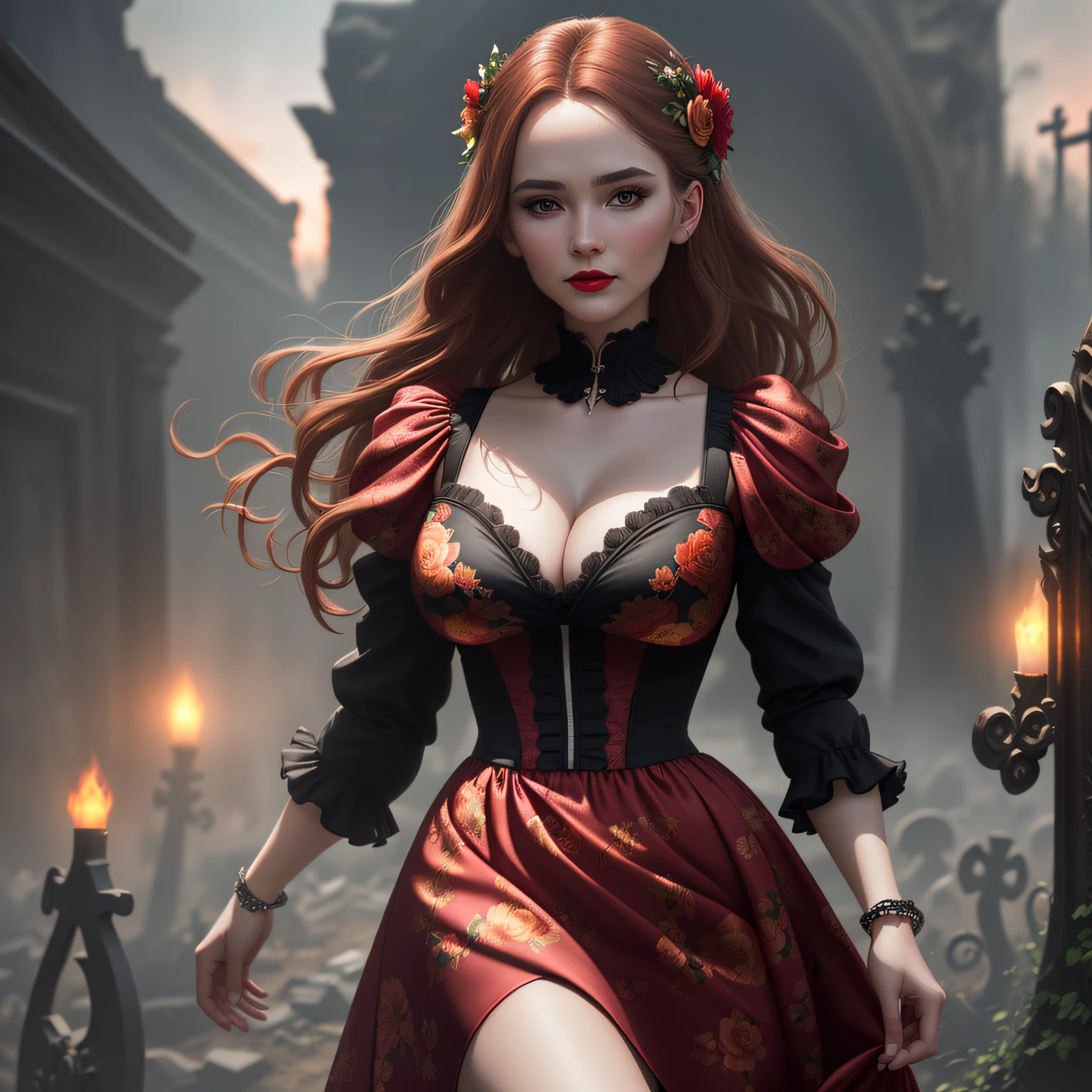 beautiful girl with dark red hair administrator at the counter in a magical hotel, victorian costume, expensive interior, flowers and candles, room keys behind her back and clock, magic and fantasy, magic, gothic, lightning, magic, fantasy style, ultra-detailed, art, light background style, digital art, 4k --auto