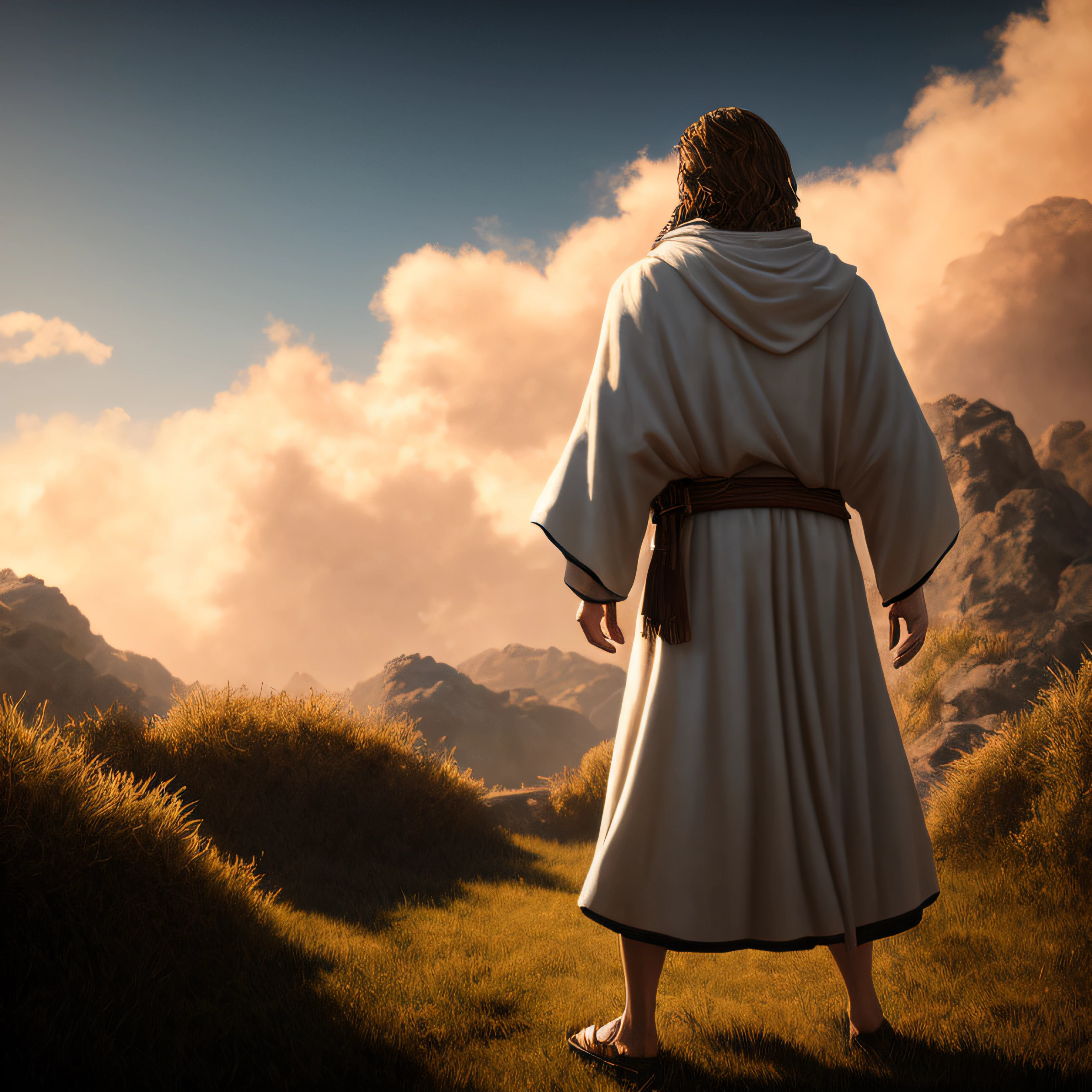 Concept art of Jesus Christ with white clothes in the clouds towards the gates of heaven, full body photo, wide photo, insanely realistic with with soft sunset lighting, with detailed skin with face muscles and skin with pores, 20 megapixels, Canon EOS R3, depth of field, soft lighting, masterpiece, best quality, intricate, tone mapped, highly detailed, artstation, smooth, sharp focus, dramatic lighting, highly detailed art, cinematic, hyper realistic painting, trend in Artstation, 8K, amazing shadows, realistic, (highly detailed background: 1.0),