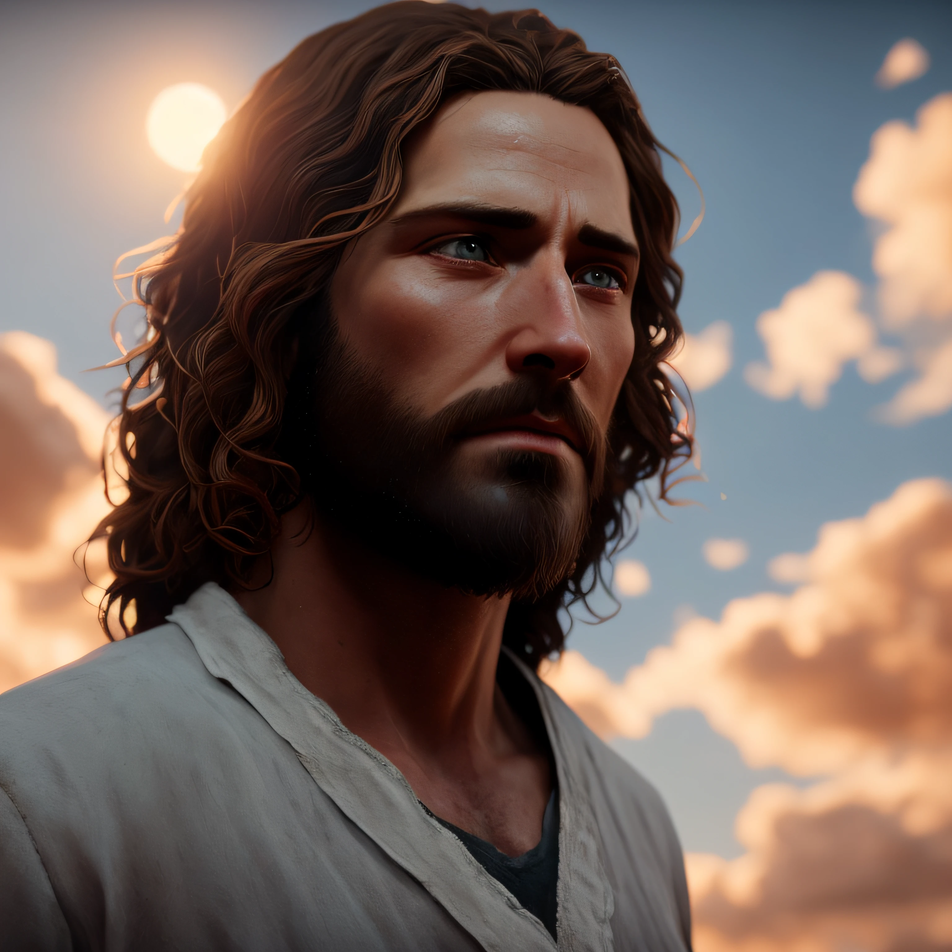 Concept art of Jesus Christ with white clothes in the clouds towards the gates of heaven, full body photo, wide photo, insanely realistic with with soft sunset lighting, with detailed skin with face muscles and skin with pores, 20 megapixels, Canon EOS R3, depth of field, soft lighting, masterpiece, best quality, intricate, tone mapped, highly detailed, artstation, smooth, sharp focus, dramatic lighting, highly detailed art, cinematic, hyper realistic painting, trend in Artstation, 8K, amazing shadows, realistic, (highly detailed background: 1.0),