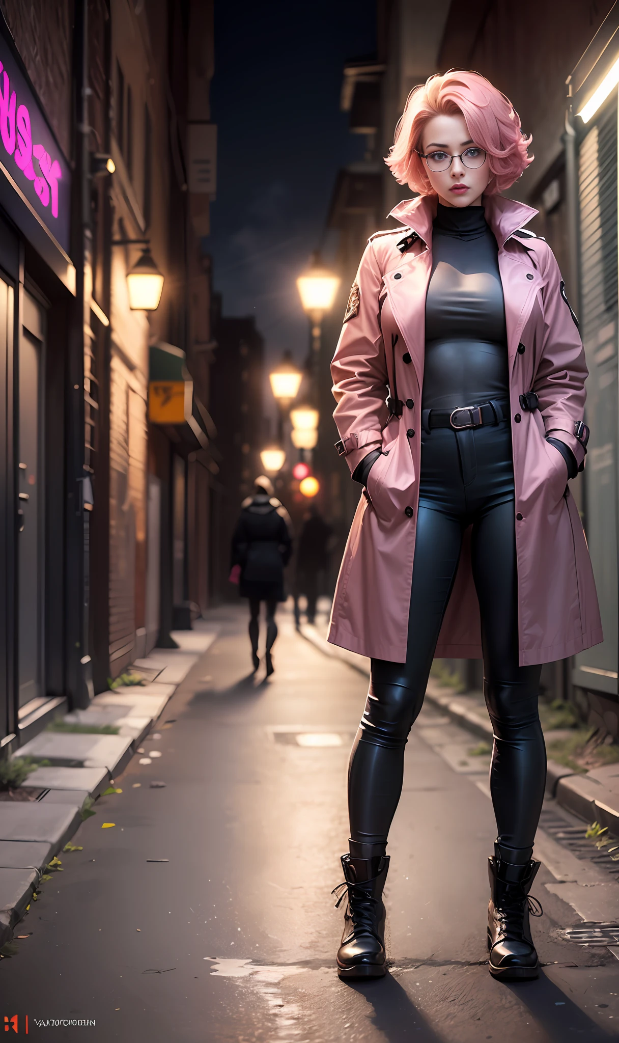 (
(Character: one detective woman,russian, slim body, slim waist, pink short messy hair, athletic build)
(Clothing: black trench coat, boots, glasses)
(Pose: full body shot:1.7, investigative)
(Background:dark alley at night, intense urban lights in background, pink color scheme)
(Style: ((Best quality)), ((masterpiece)), (face detailed), photo-realistic:1.3, hyperrealistic)
)