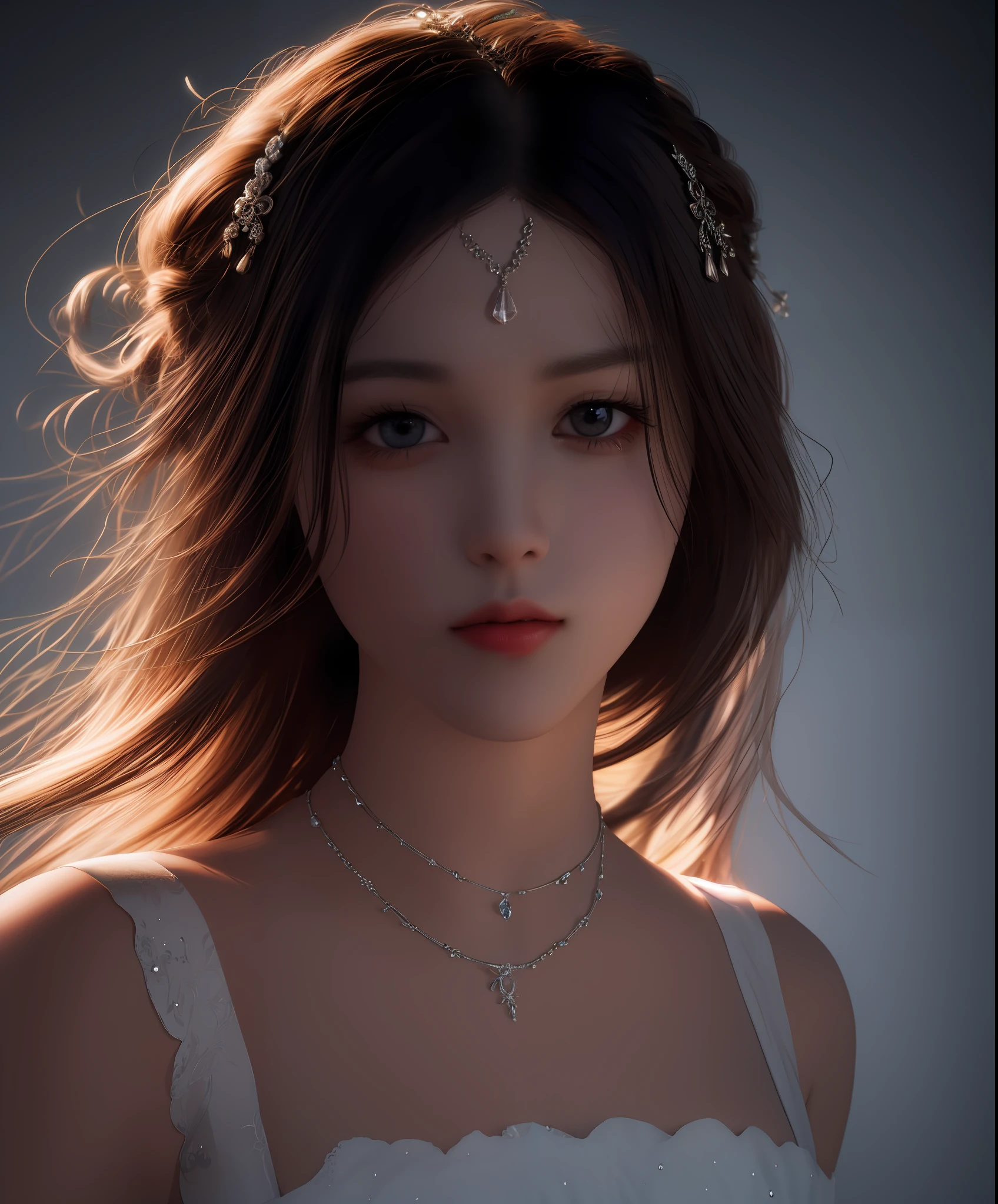 Best quality, masterpiece, high resolution, 1girl, porcelain dress, hair accessories, necklace, jewelry, beautiful face, on the body, Tyndall effect, realistic, dark studio, edge lighting, two-tone lighting, (high detail skin: 1.2), 8k UHD, dslr, soft light, high quality, volumetric light, candid, photo, high resolution, 4k, 8k, background blur,