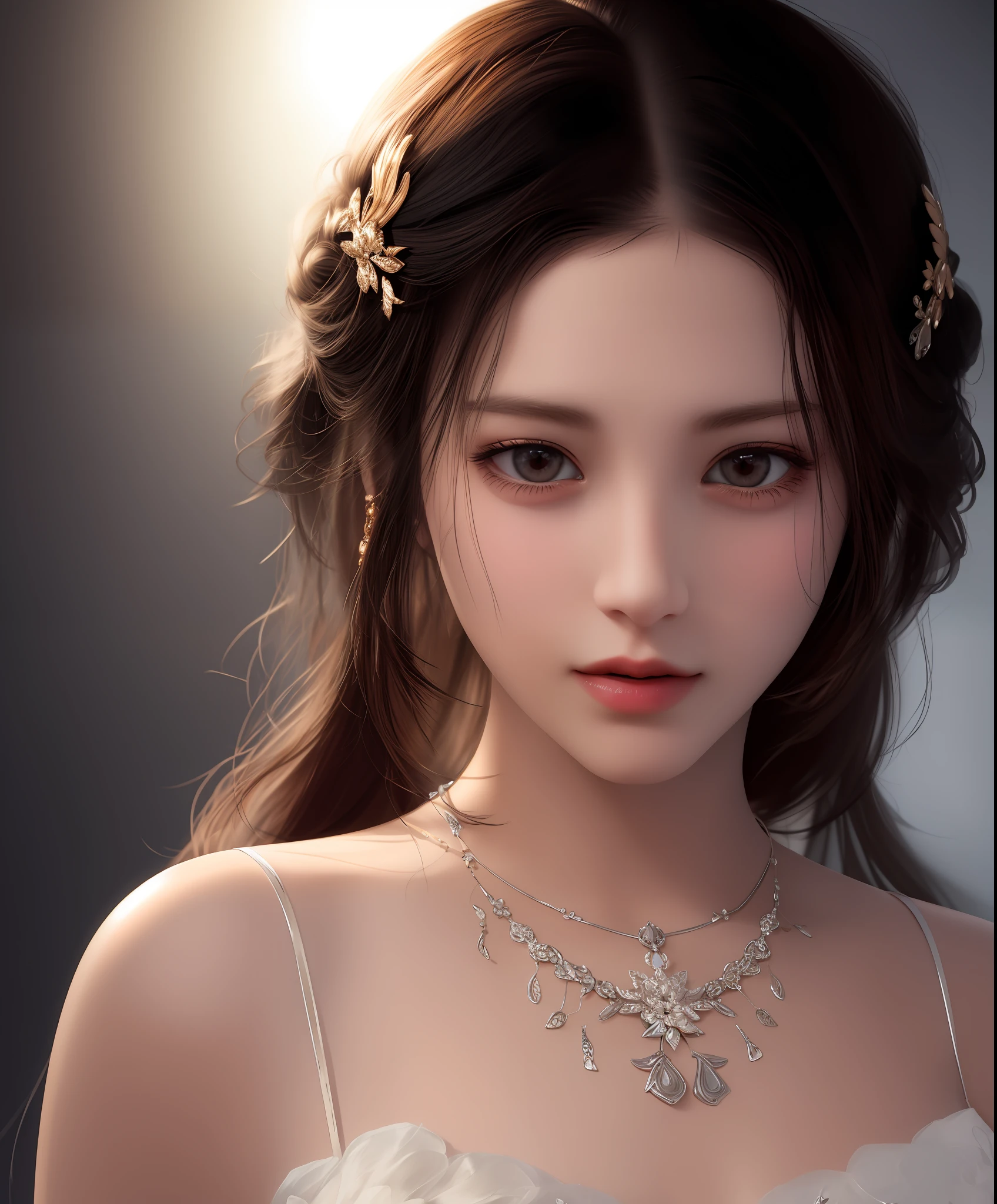 Best quality, masterpiece, high resolution, 1girl, porcelain dress, hair accessories, necklace, jewelry, beautiful face, on the body, Tyndall effect, realistic, dark studio, edge lighting, two-tone lighting, (high detail skin: 1.2), 8k UHD, dslr, soft light, high quality, volumetric light, candid, photo, high resolution, 4k, 8k, background blur,